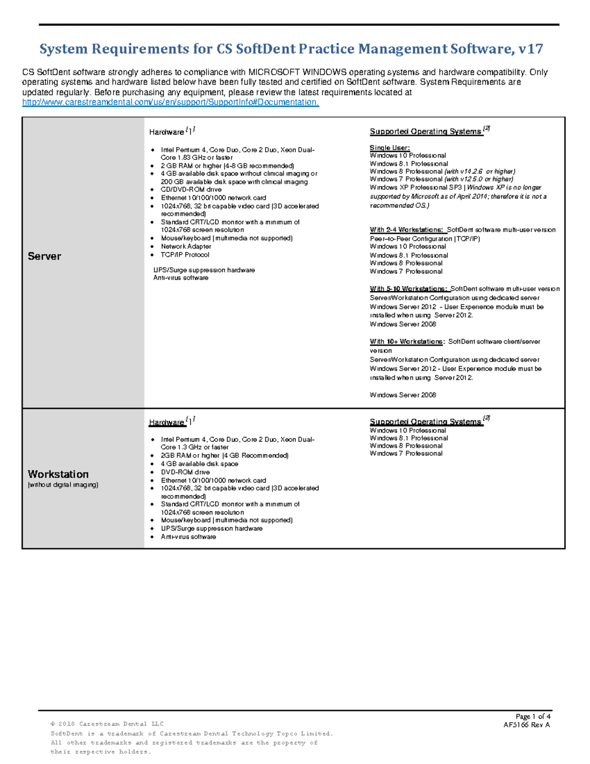 Version 17 System Requirements Page 1 of 4 © 2018 Carestream Dental