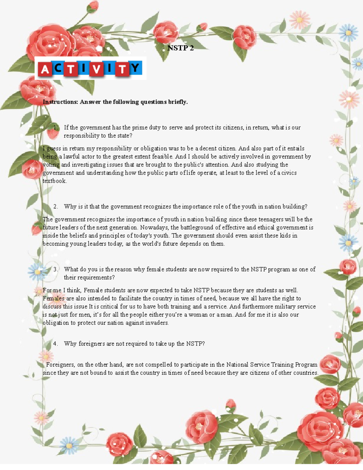 Nstp 1 National Service Training Program Nstp 2 Instructions Answer Nstp 1 National Service Training Program Nstp 2 Instructions Answer