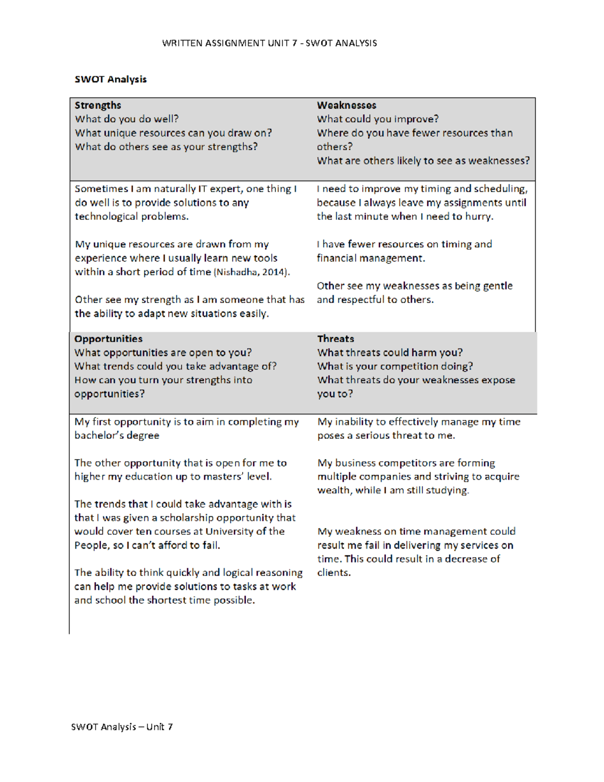 swot analysis assignment sample