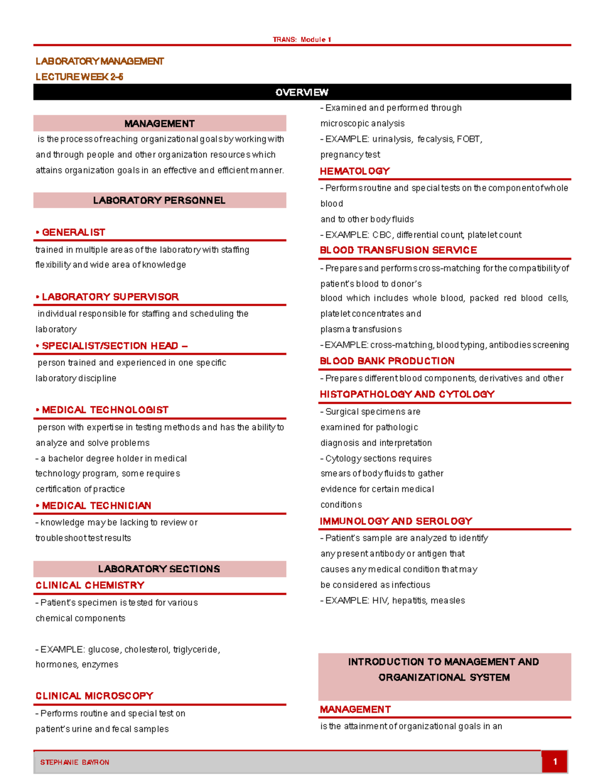 Trans Template 2 - lecture notes - L ABORATORY MANAGEMENT L ECTURE WEEK ...