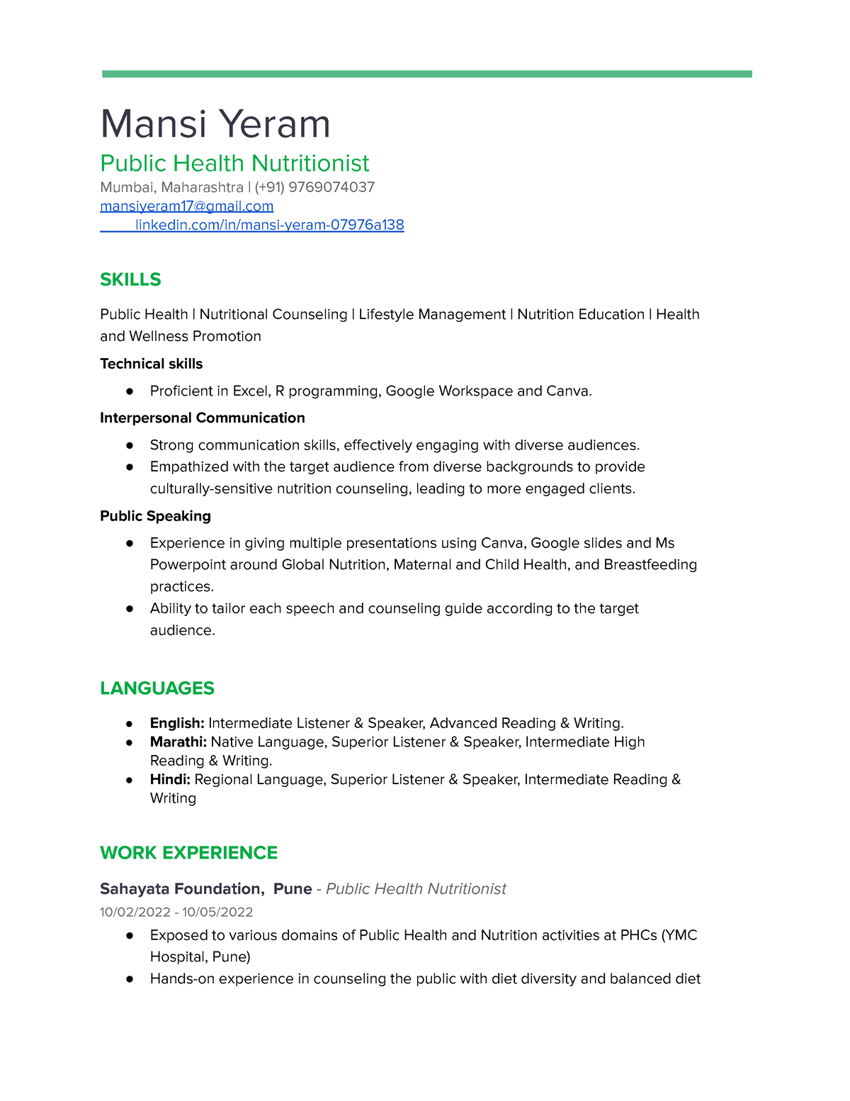 Resume-3 - Resume - Mansi Yeram Public Health Nutritionist Mumbai ...