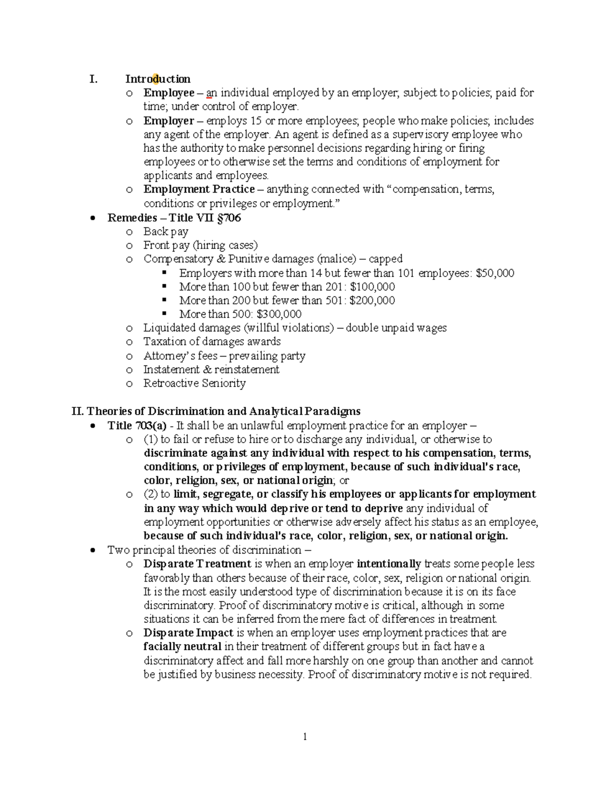 384136841 Employment Discrimination Law Outline 2018 - I. Introduction ...