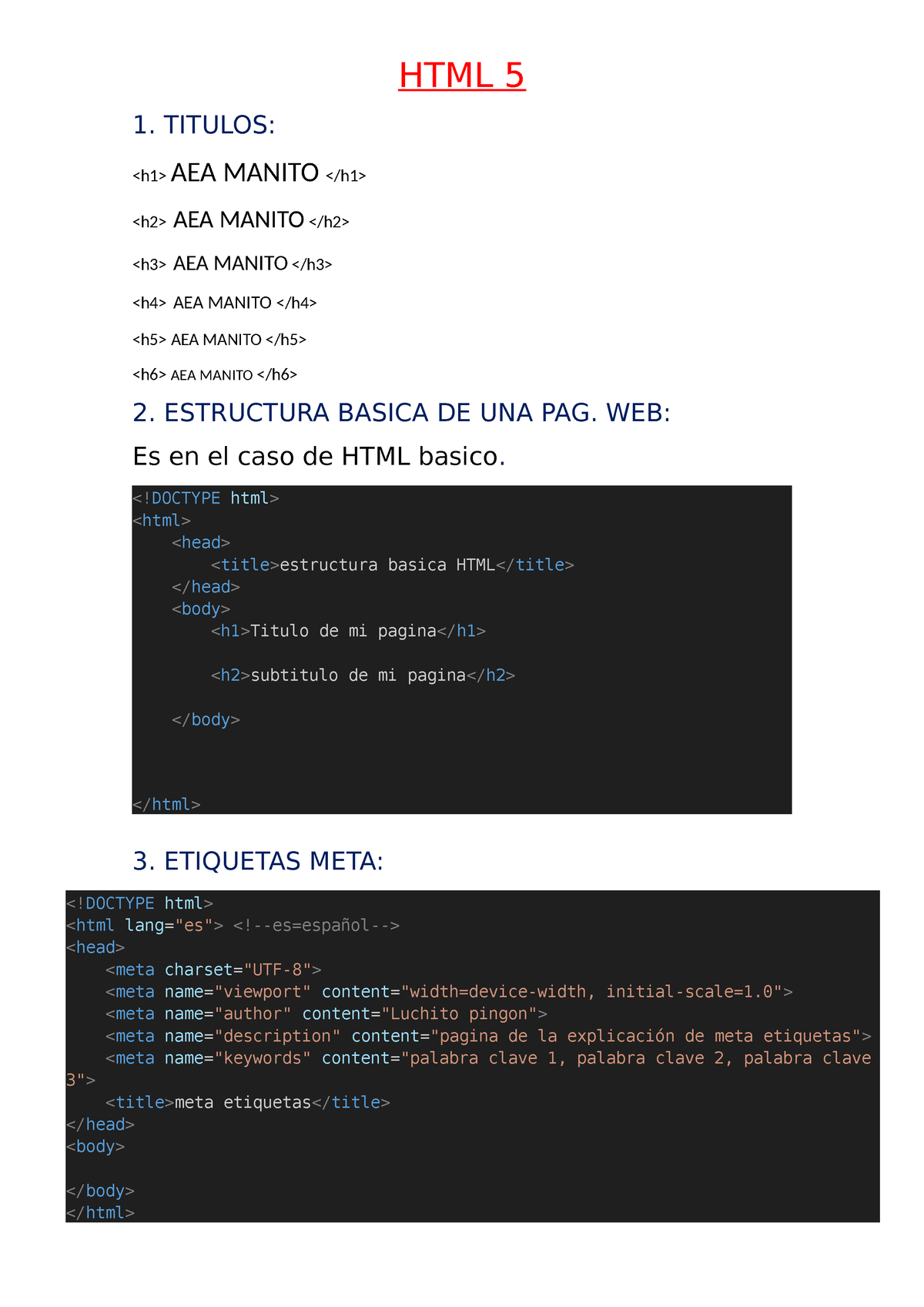 HTML 5 - Practicas - HTML 5 1. TITULOS: AEA MANITO AEA MANITO - Studocu