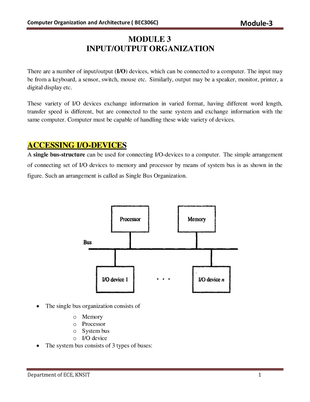 COA (Computer Organization)Module 3 - MODULE 3 INPUT/OUTPUT ...