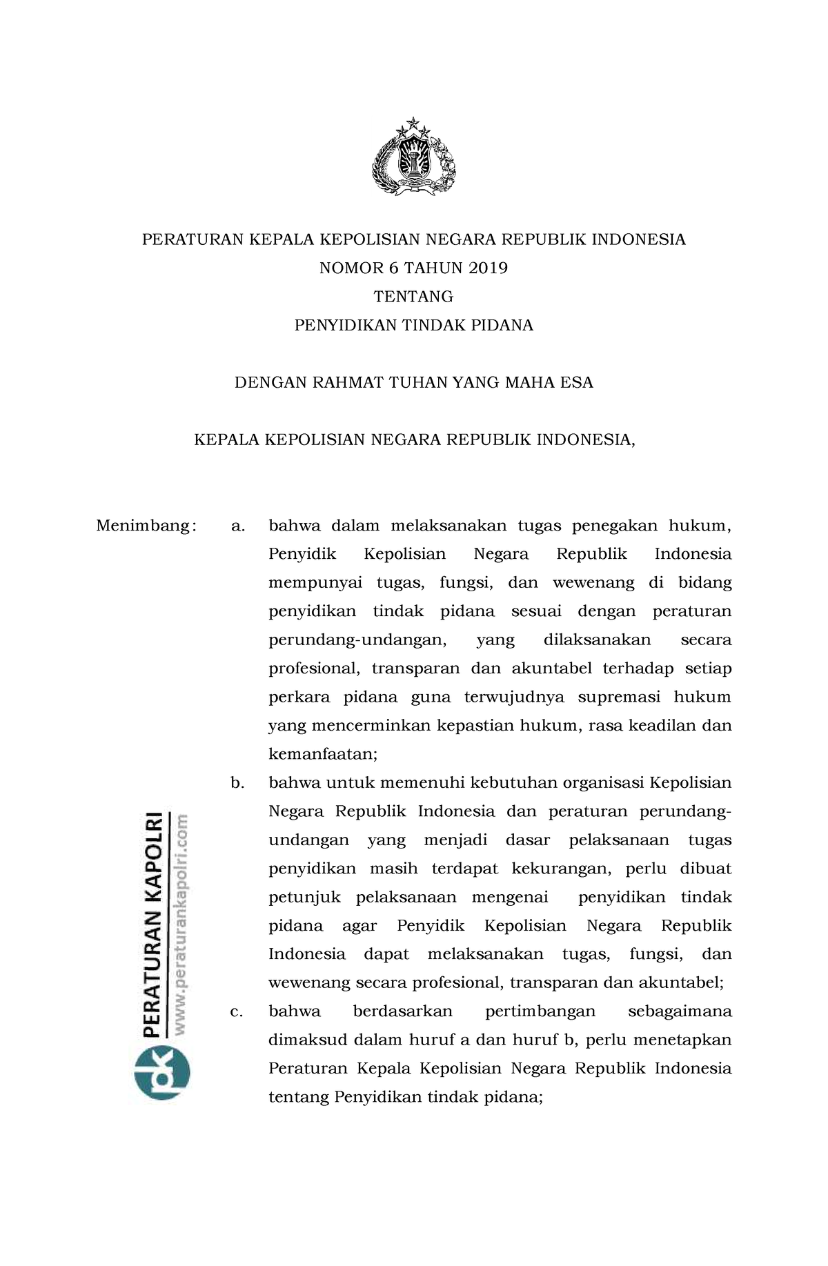 Perkap 2019 Nomor 6 Penyidikan Tindak Pidana - PERATURAN KEPALA ...