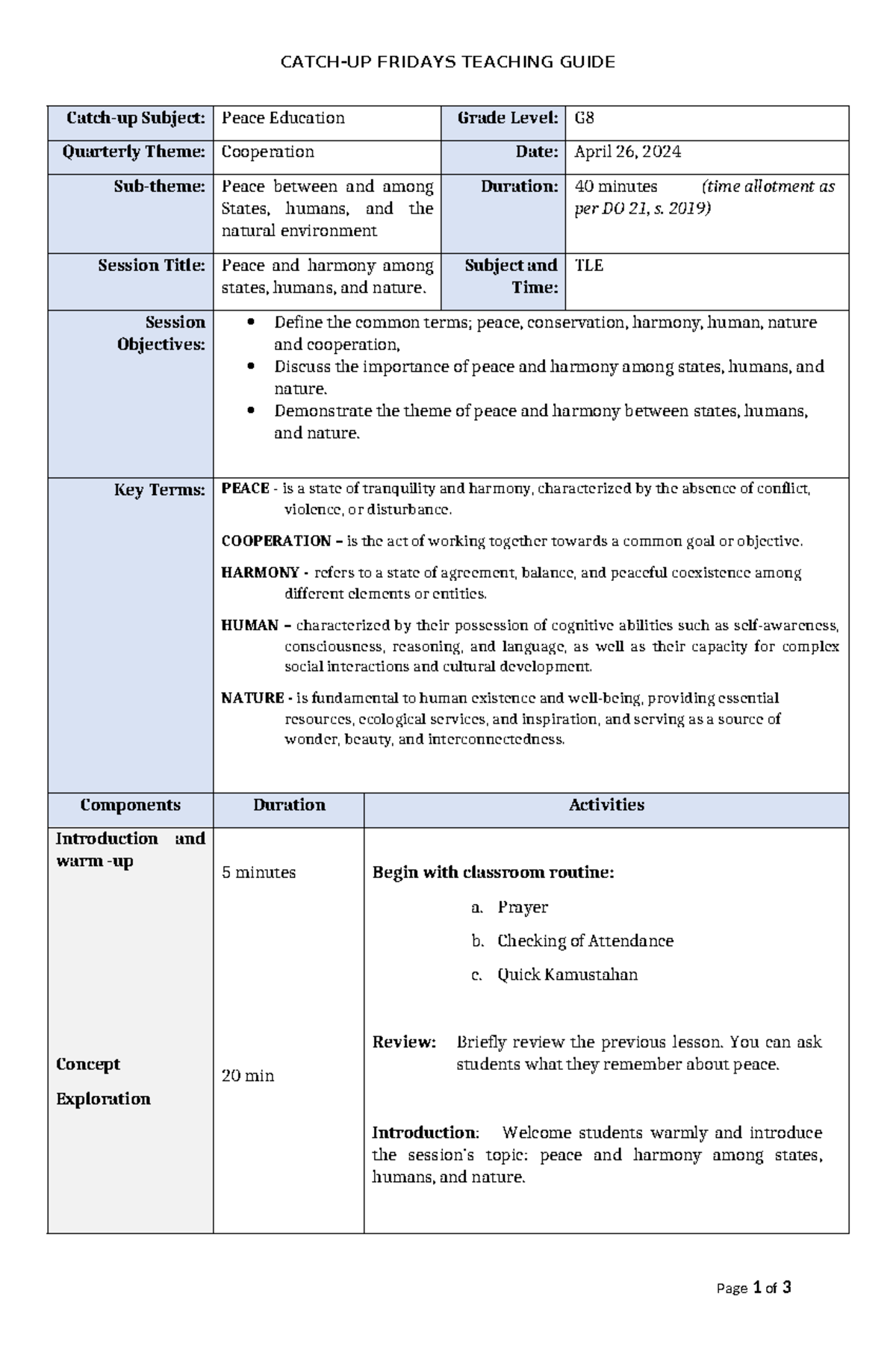 G8 Peace Session Guide Catch Up Friday Sample Detailed Lesson Plan For 