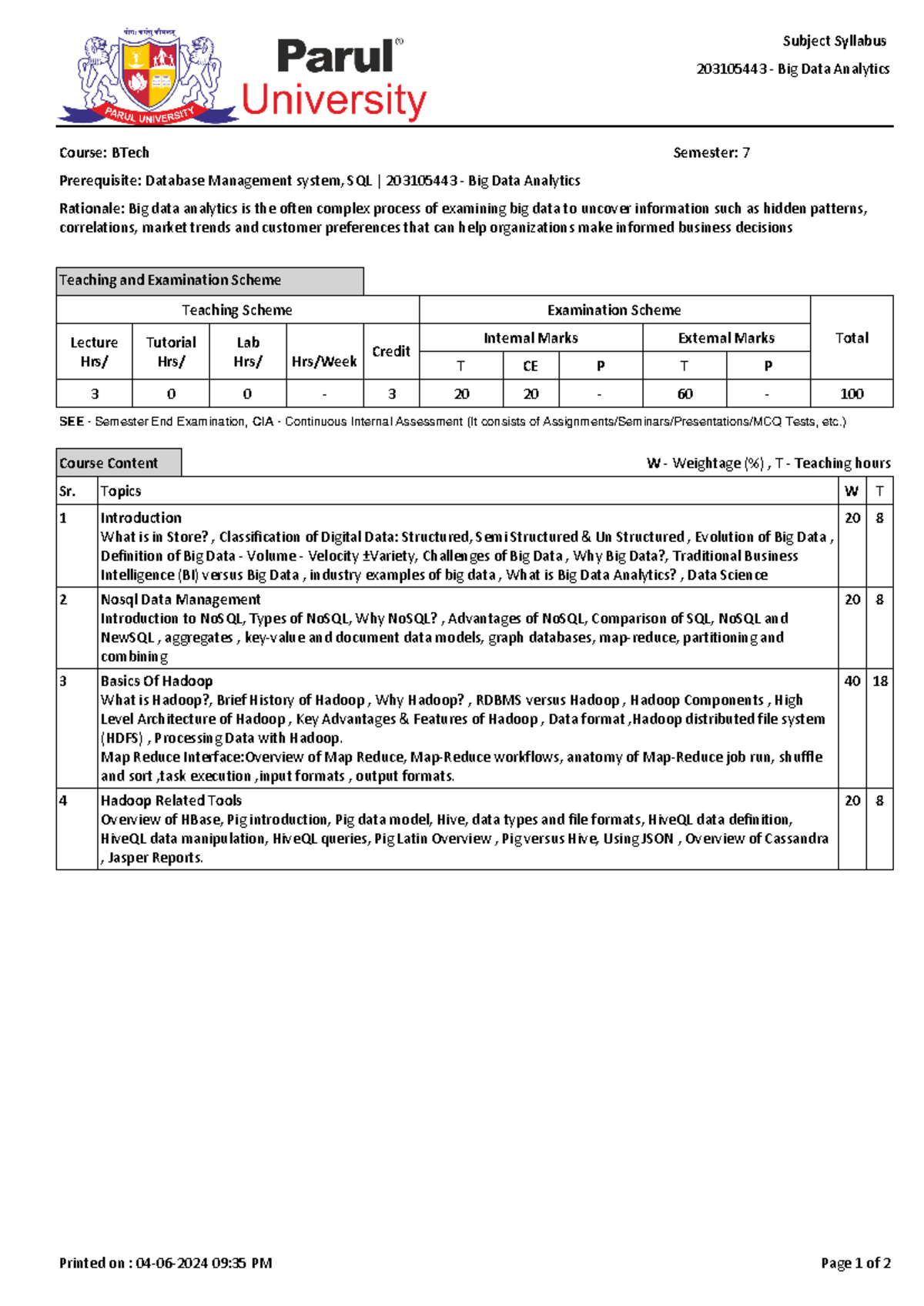 BDA Syllabus - bda sylabus - Semester: 7 Prerequisite: Database ...