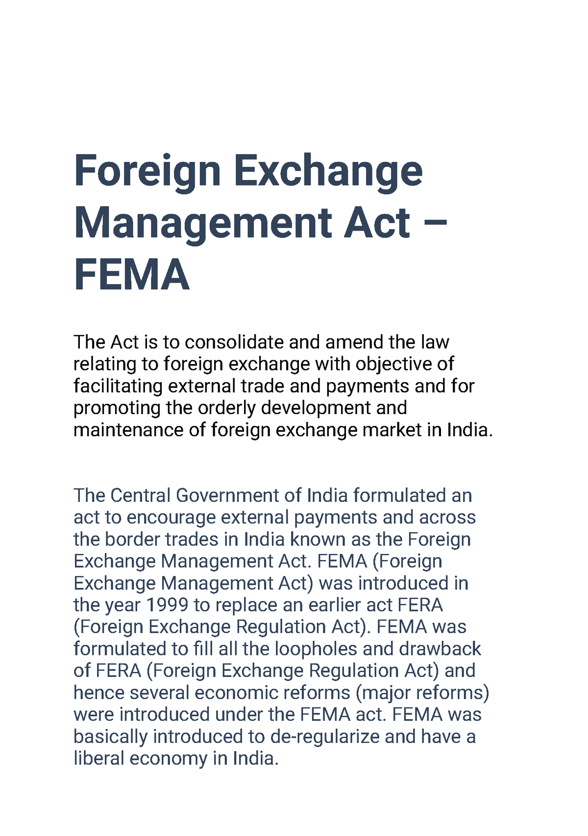 Foreign Exchange Management Act - Foreign Exchange Management Act – FEMA The Act Is To ...