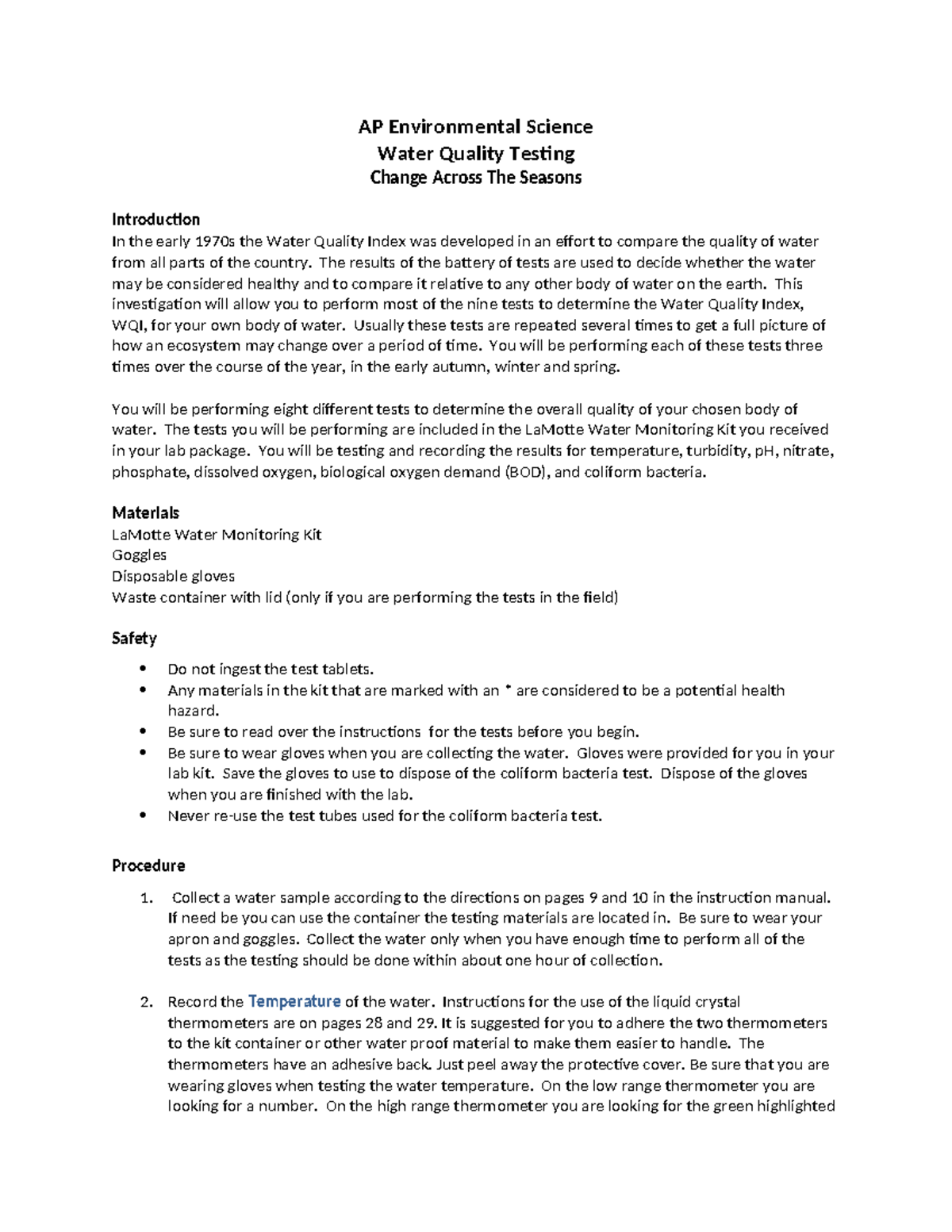 0605AP Environmental Science Water Quality Testing Lab AP Environmental Science Water