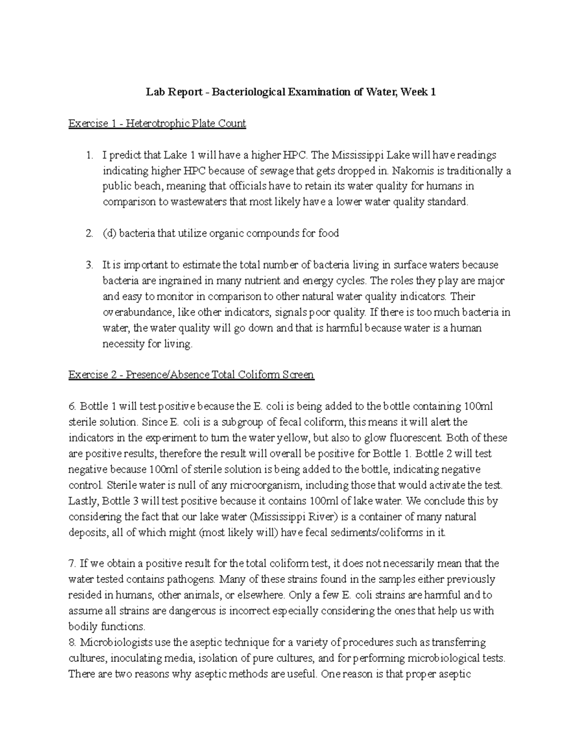 Bacteriological Examination of Water, Week 1 The Mississippi Lake