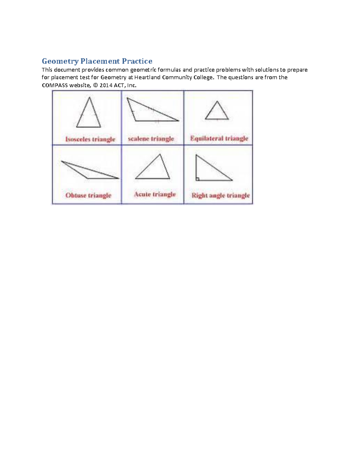 Geometry Practice Questions - Geometry Placement Practice This document ...