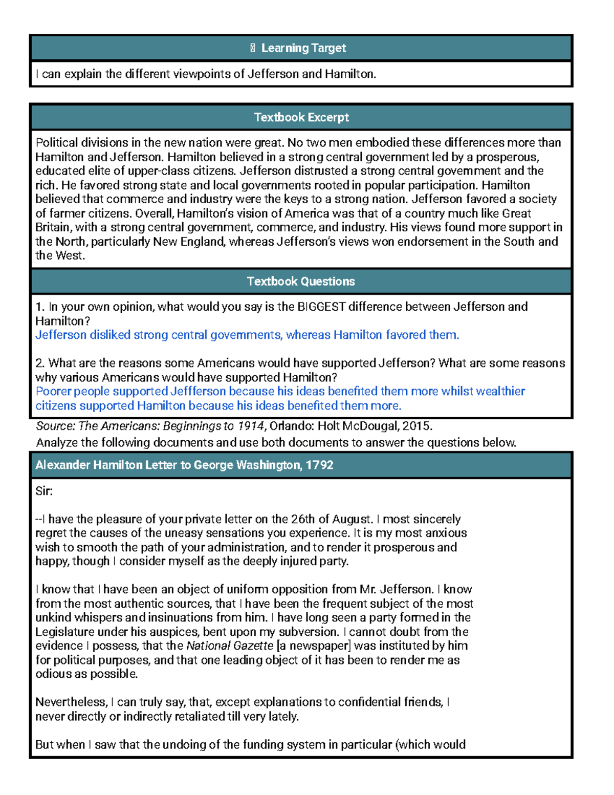 O A Hamilton v. Jefferson Shared Learning Target I can