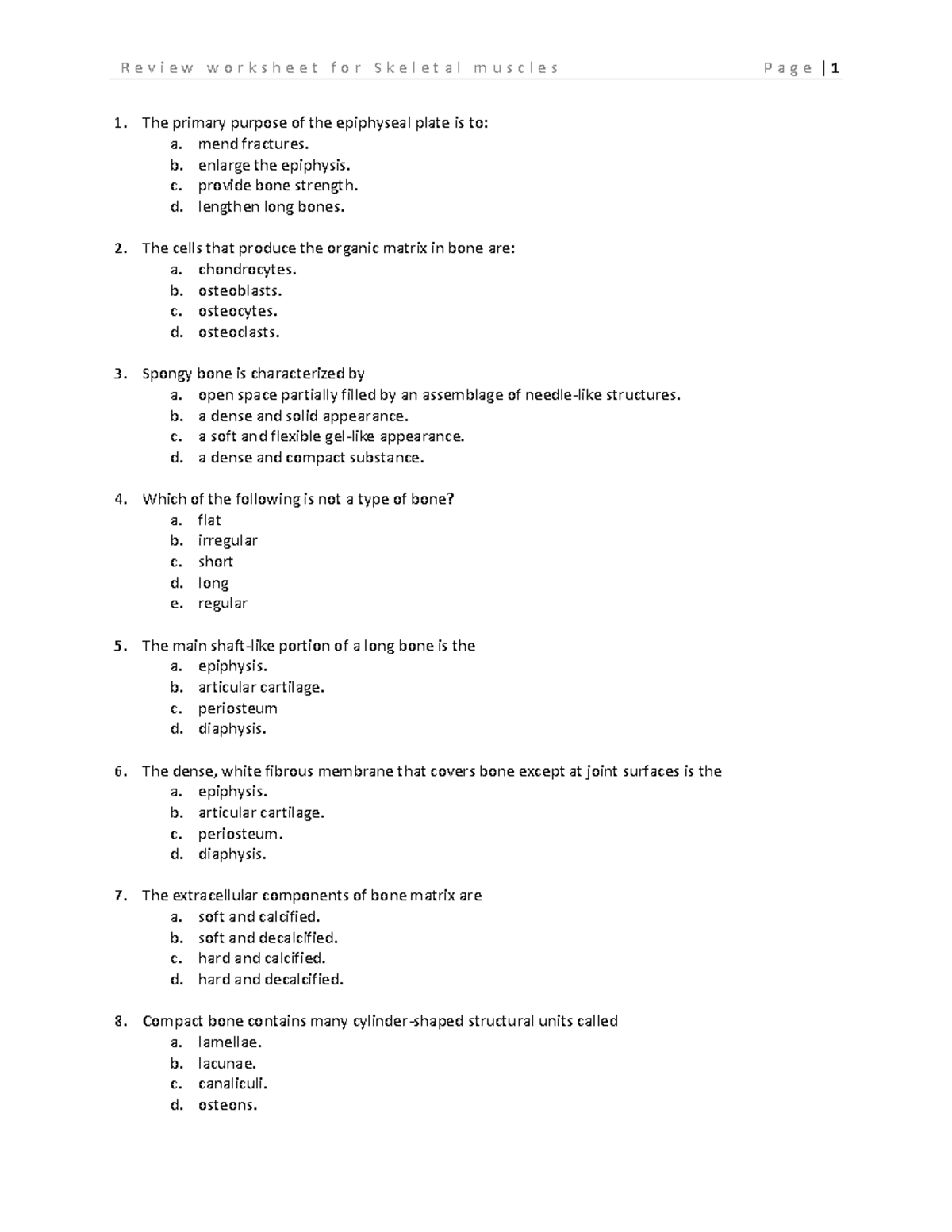 worksheet for Skeletal muscles - R e v i e w w o r k s h e e t f o r S ...