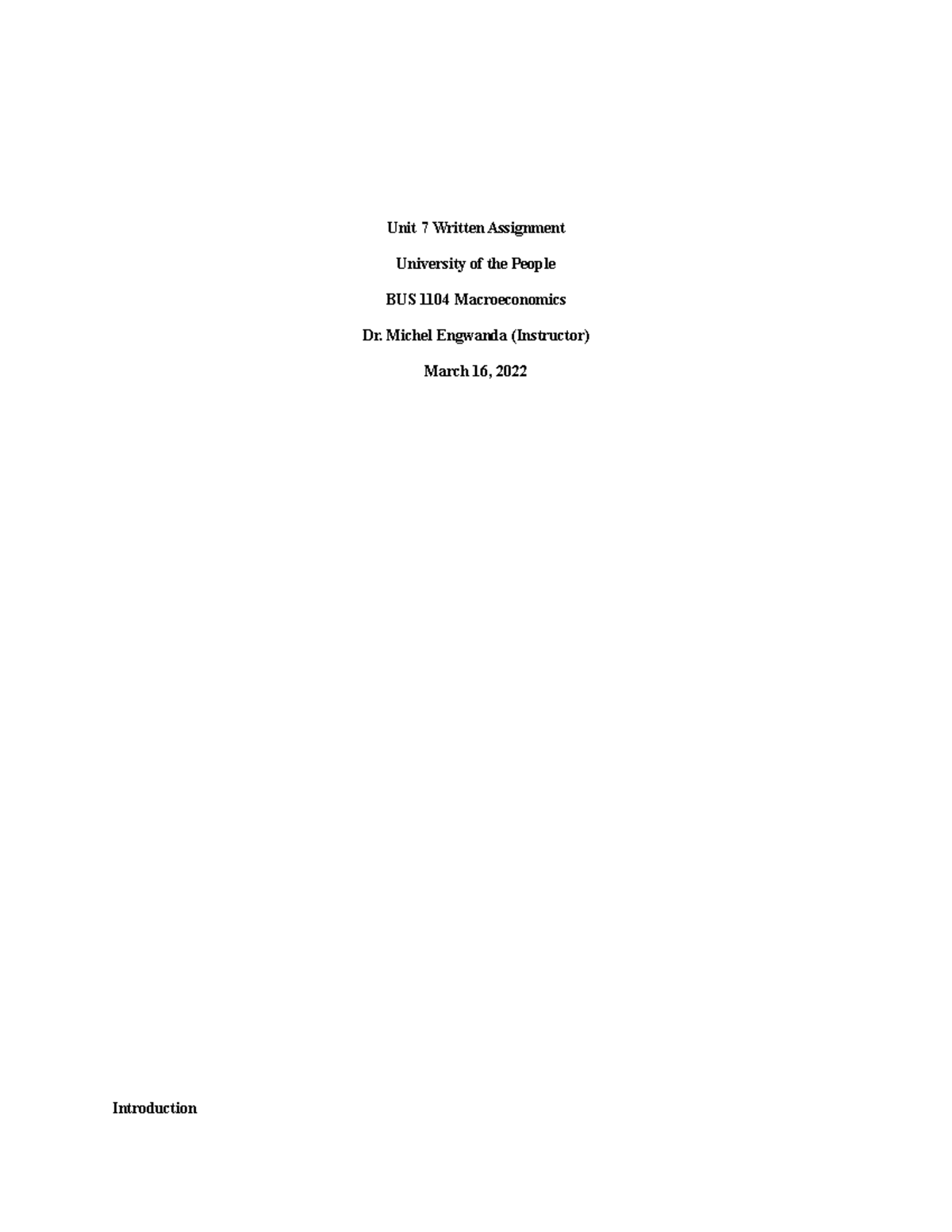 BUS 1104 - Unit 7 Written Assignment - Unit 7 Written Assignment ...