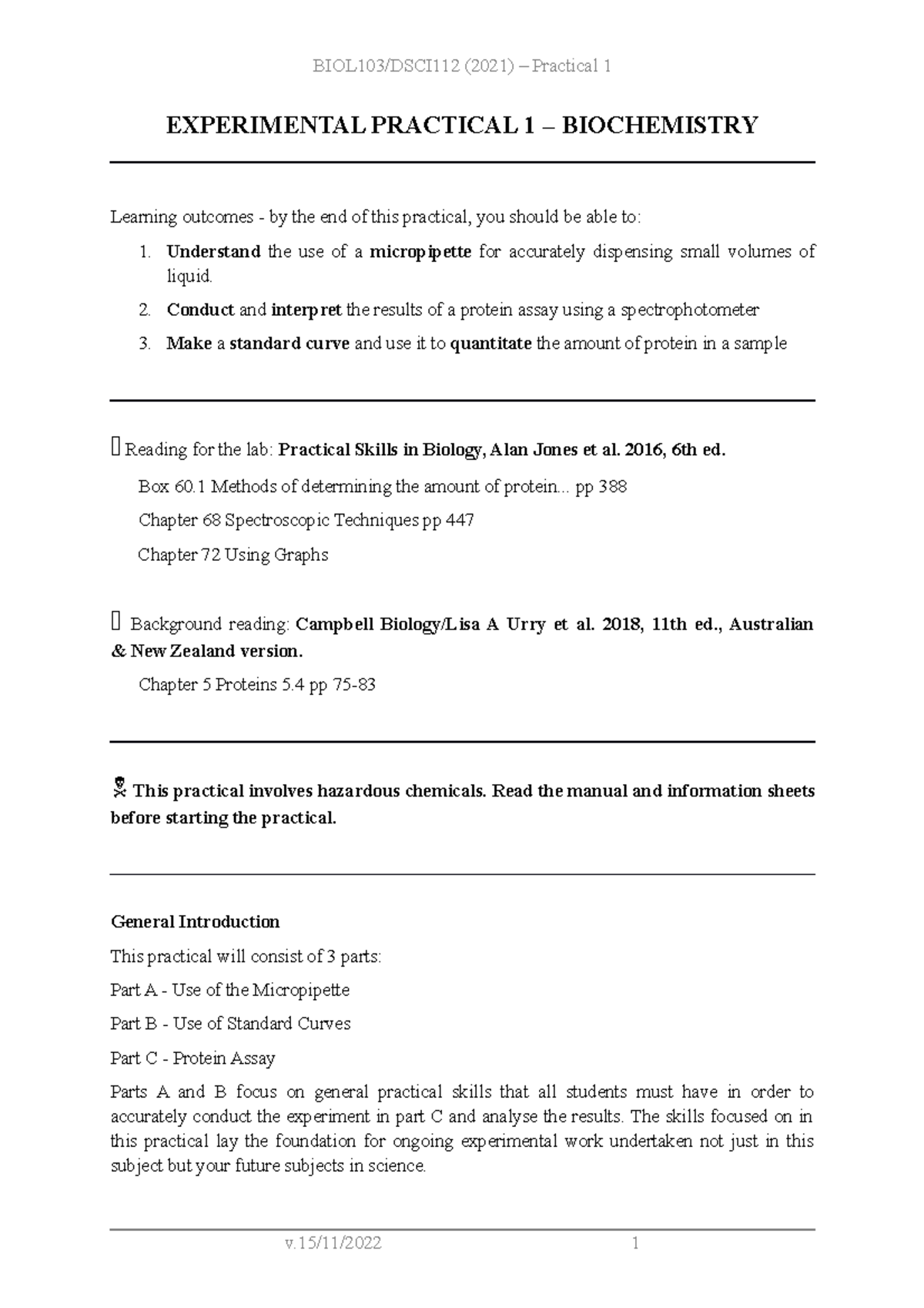 Practical 1 Biochemistry - EXPERIMENTAL PRACTICAL 1 – BIOCHEMISTRY ...