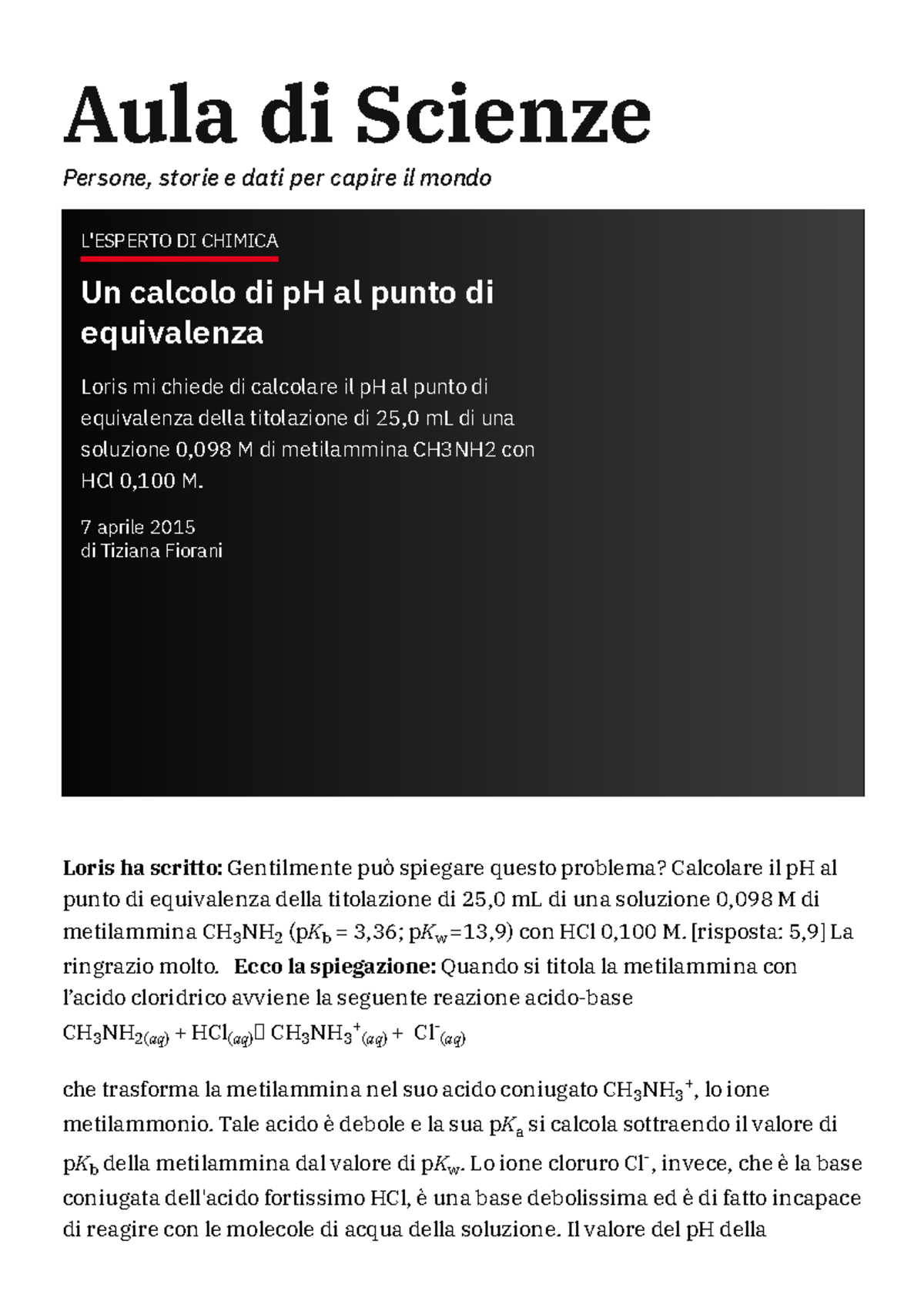 Un calcolo di ph al punto di equivalenza Aula di Scienze Persone