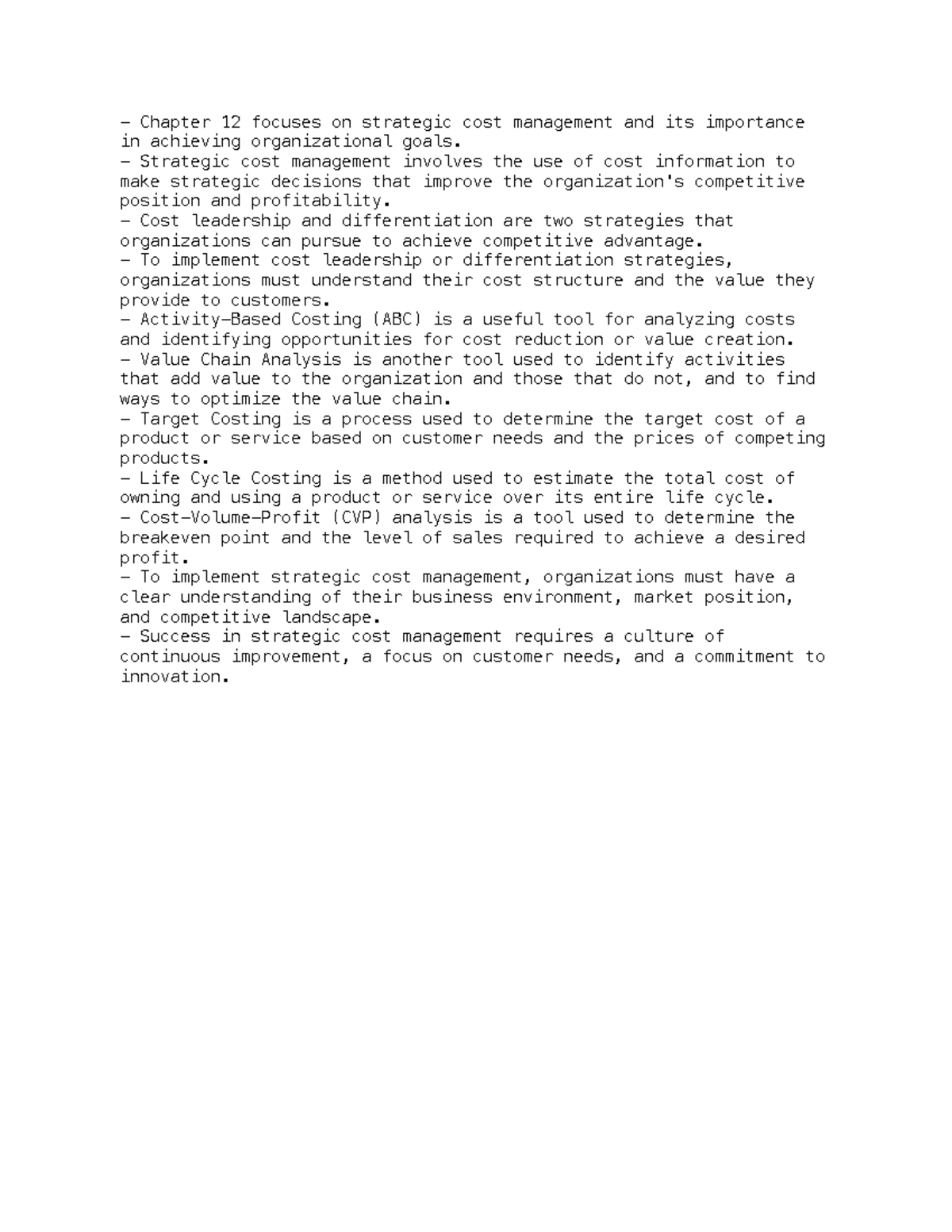 Chapter 12Notes - Chapter 12 focuses on strategic cost management and ...