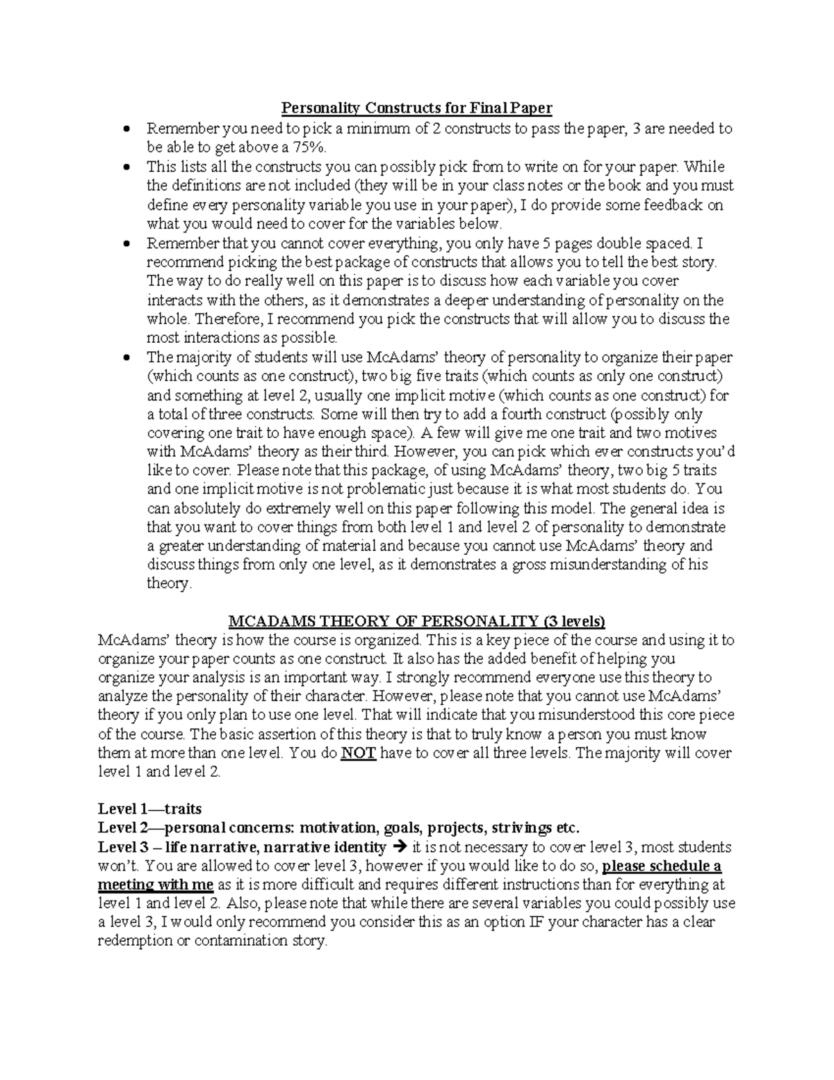 Personality Constructs for Final Paper - Personality Constructs for ...
