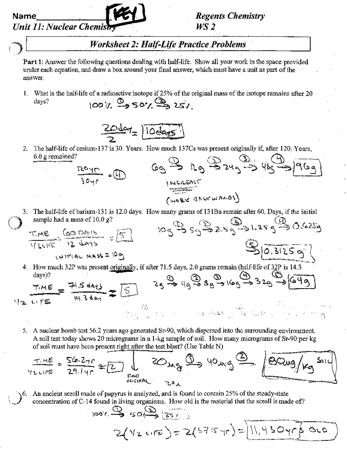 Ws 2 - half-life practice problems solutions - Bachelor of Science In ...