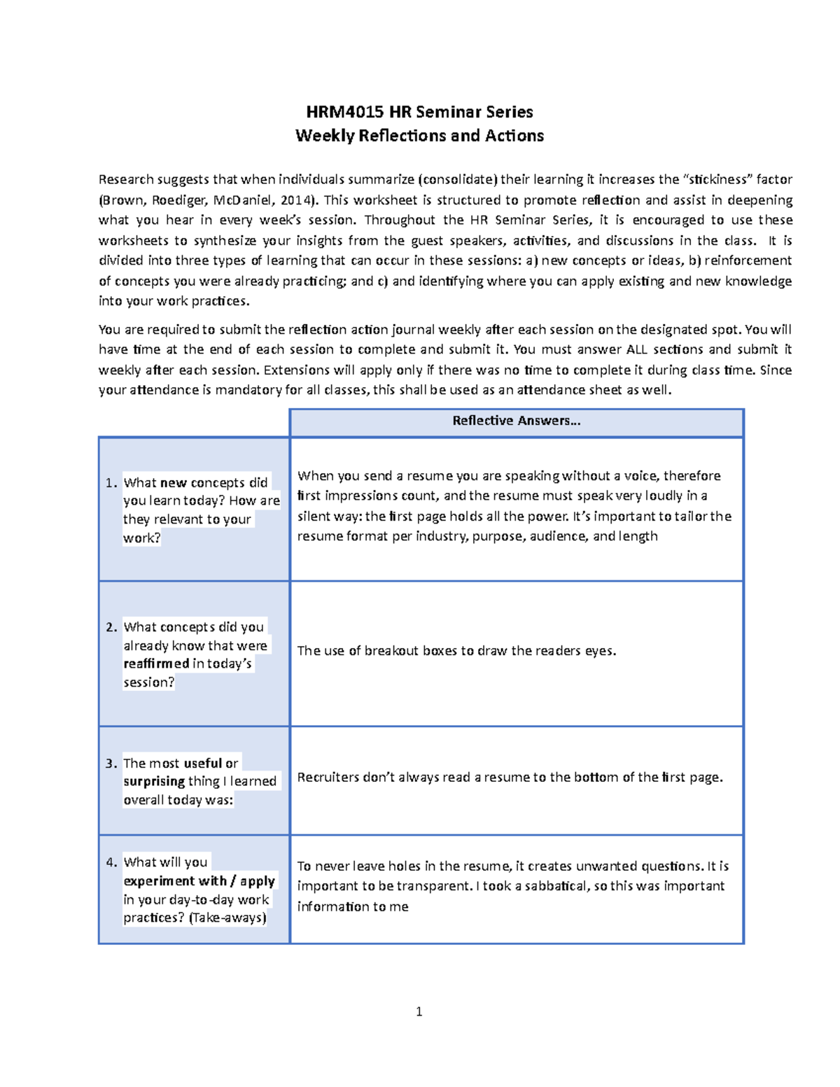 HRM4015- Reflections and Actions Journal - 12 - HRM4015 HR Seminar ...