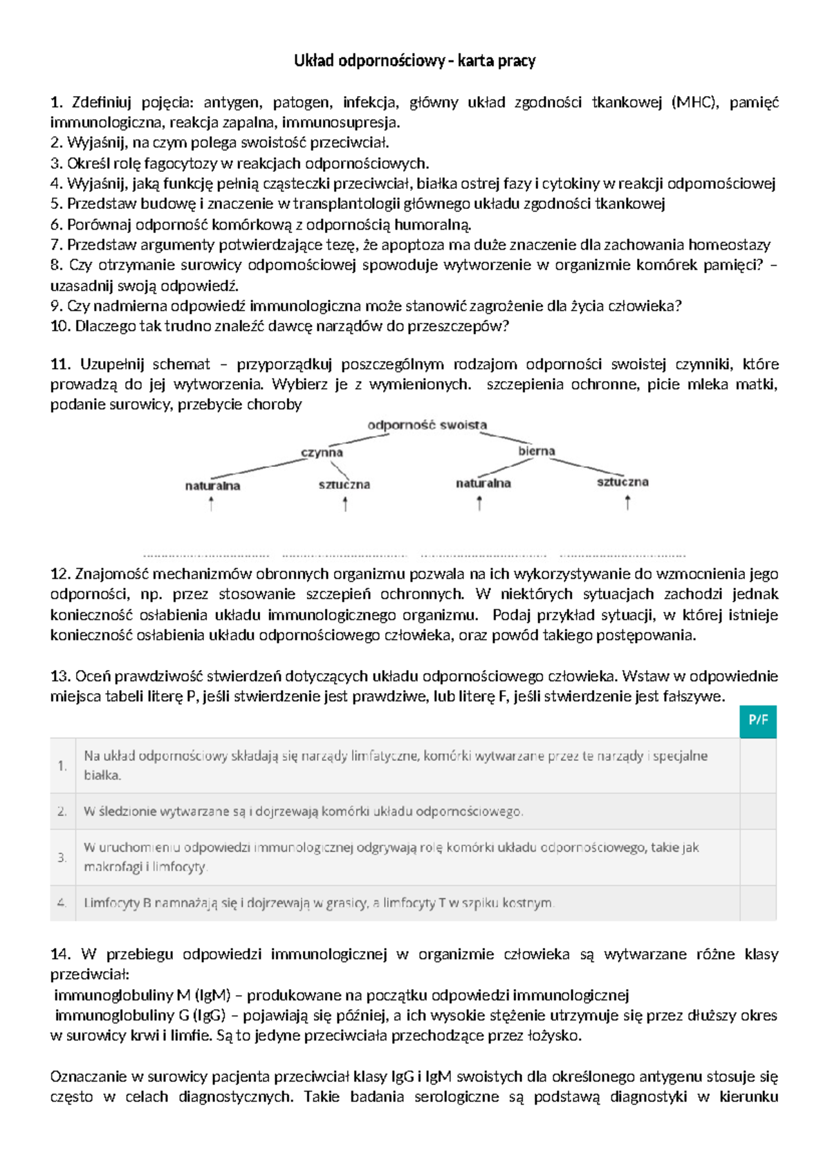 Układ odpornościowy - Układ odpornościowy - karta pracy Zdefiniuj