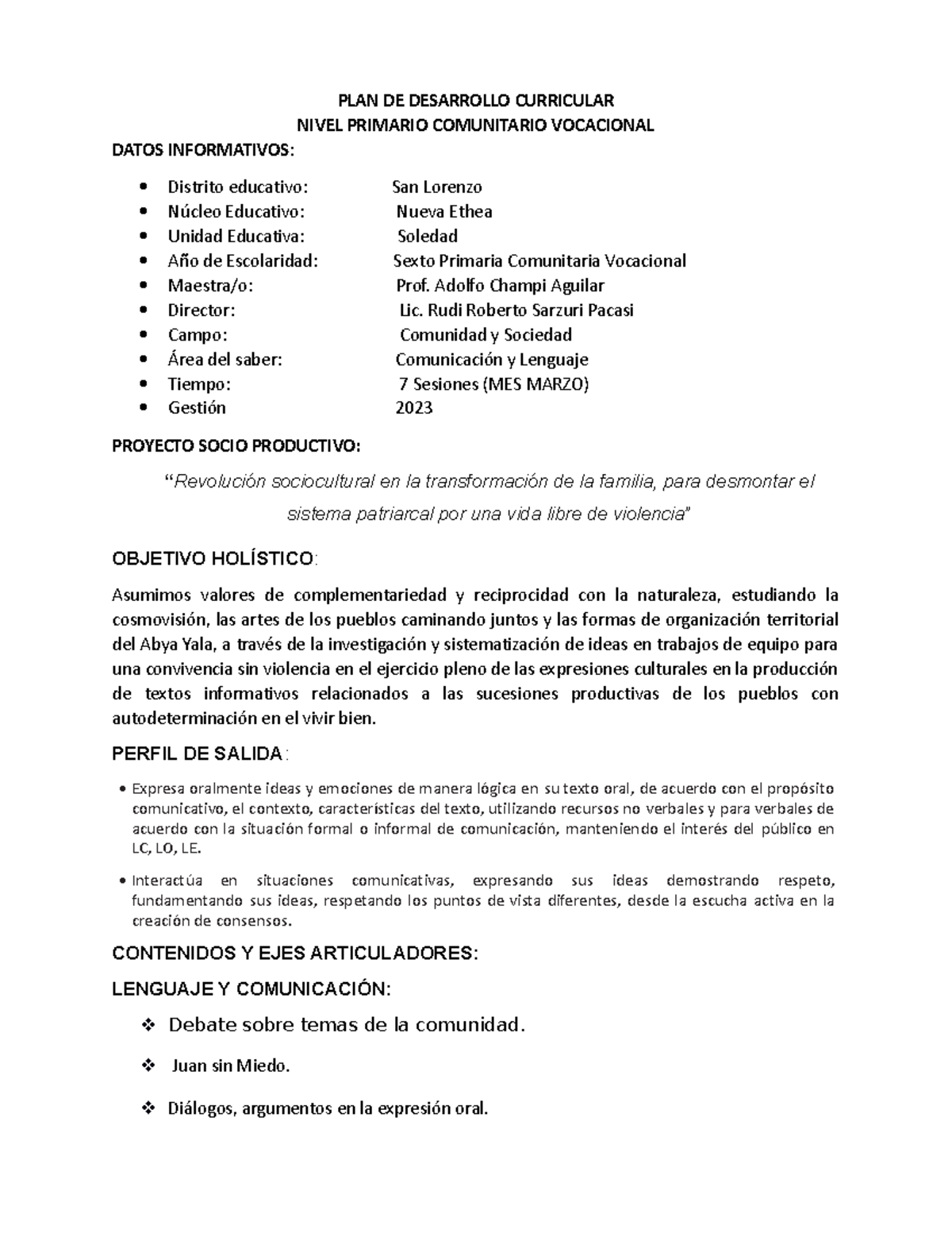 PDC Adolfo Champi Sexto - PLAN DE DESARROLLO CURRICULAR NIVEL PRIMARIO ...