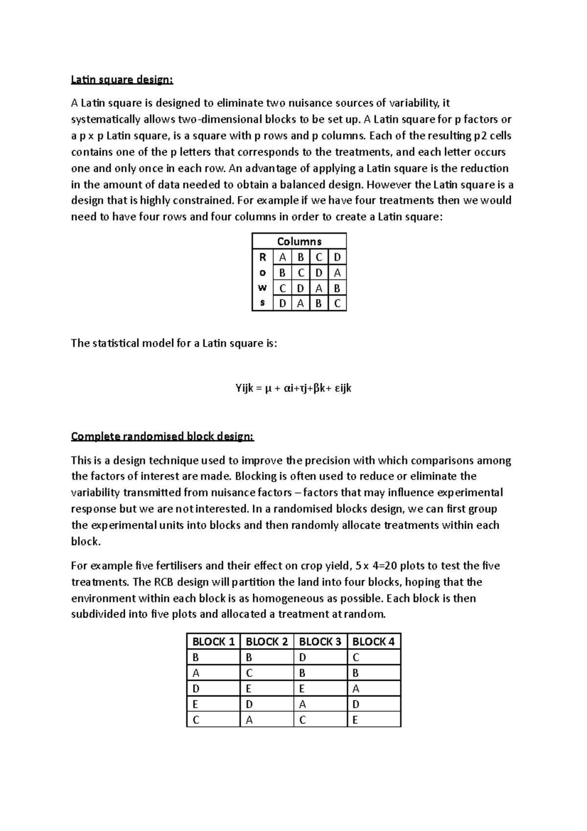Stats 2 - Notes - Latin square design: A Latin square is designed to ...