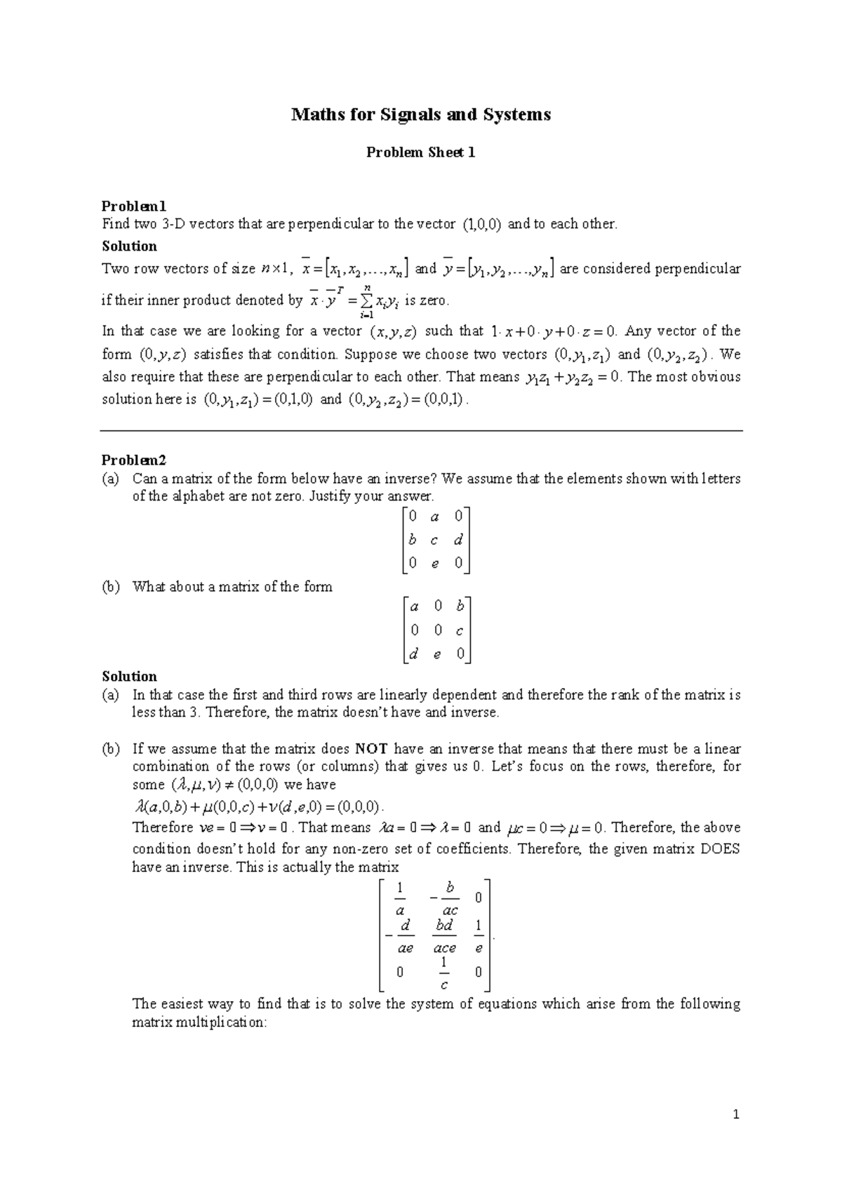 Mfsas Tutorial Sheet 1sol - Maths for Signals and Systems Problem Sheet ...
