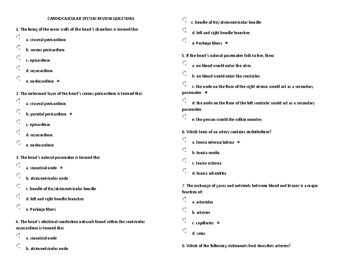 Cardiovascular System Review Questions - CARDIOCASCULAR SYSTEM REVIEW ...
