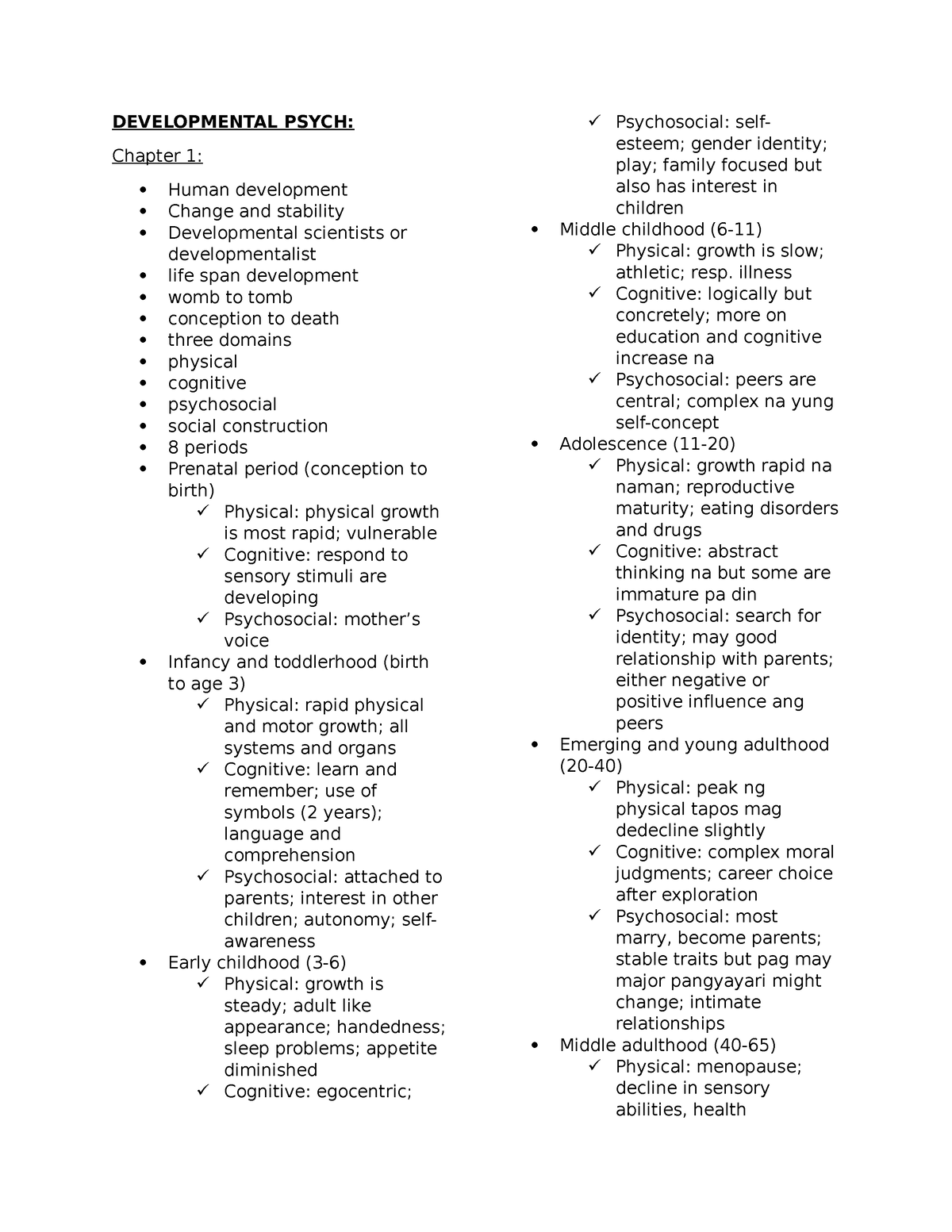 Developmental Psych - Reviewer - DEVELOPMENTAL PSYCH: Chapter 1: Human ...