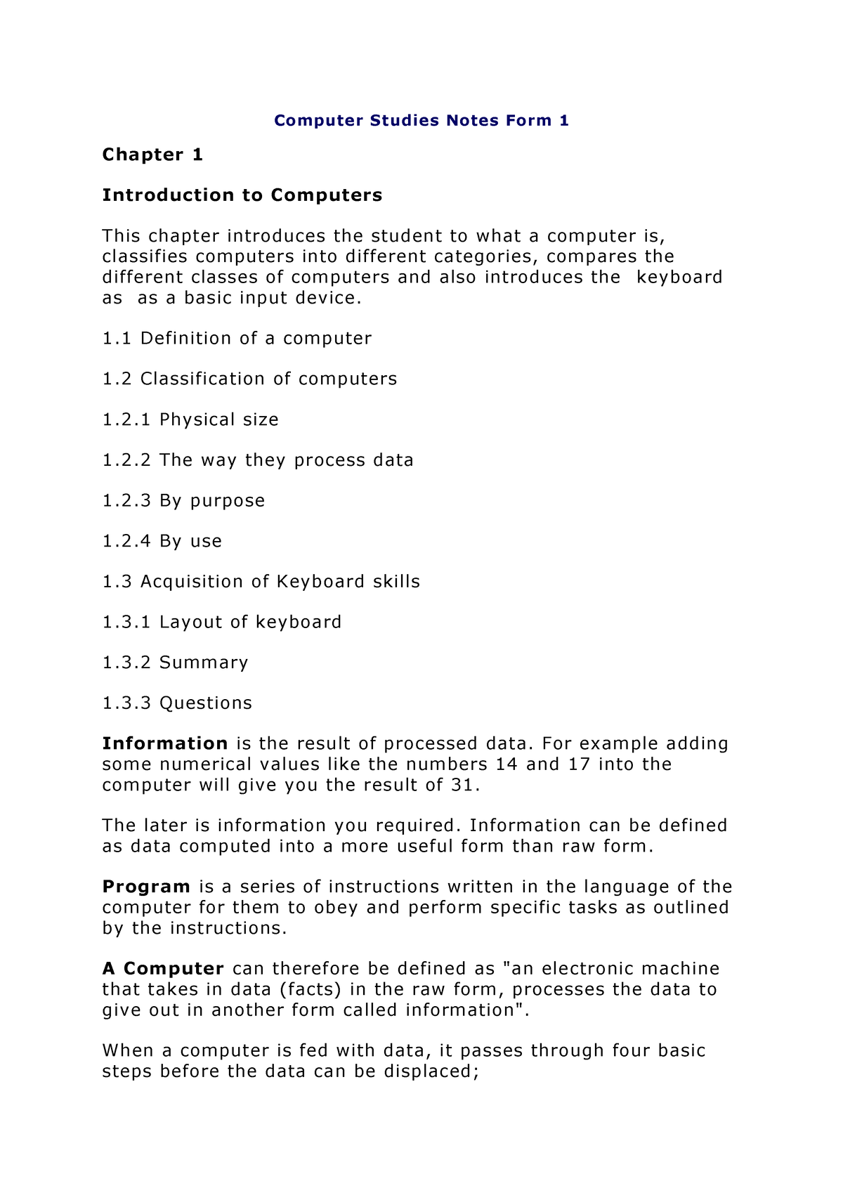 Computer Studies Notes Form 1 - 1 Definition Of A Computer 1 ...