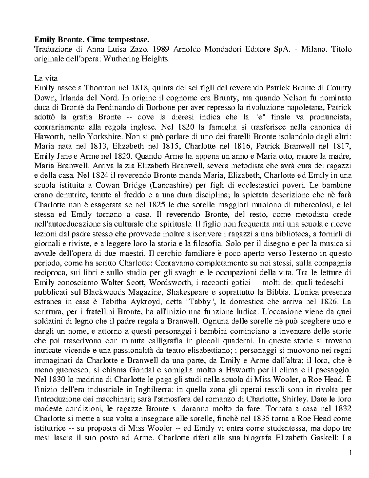 (Ebook Ita Narr) Bronte, Emily Cime Tempestose (Rtf) Emily