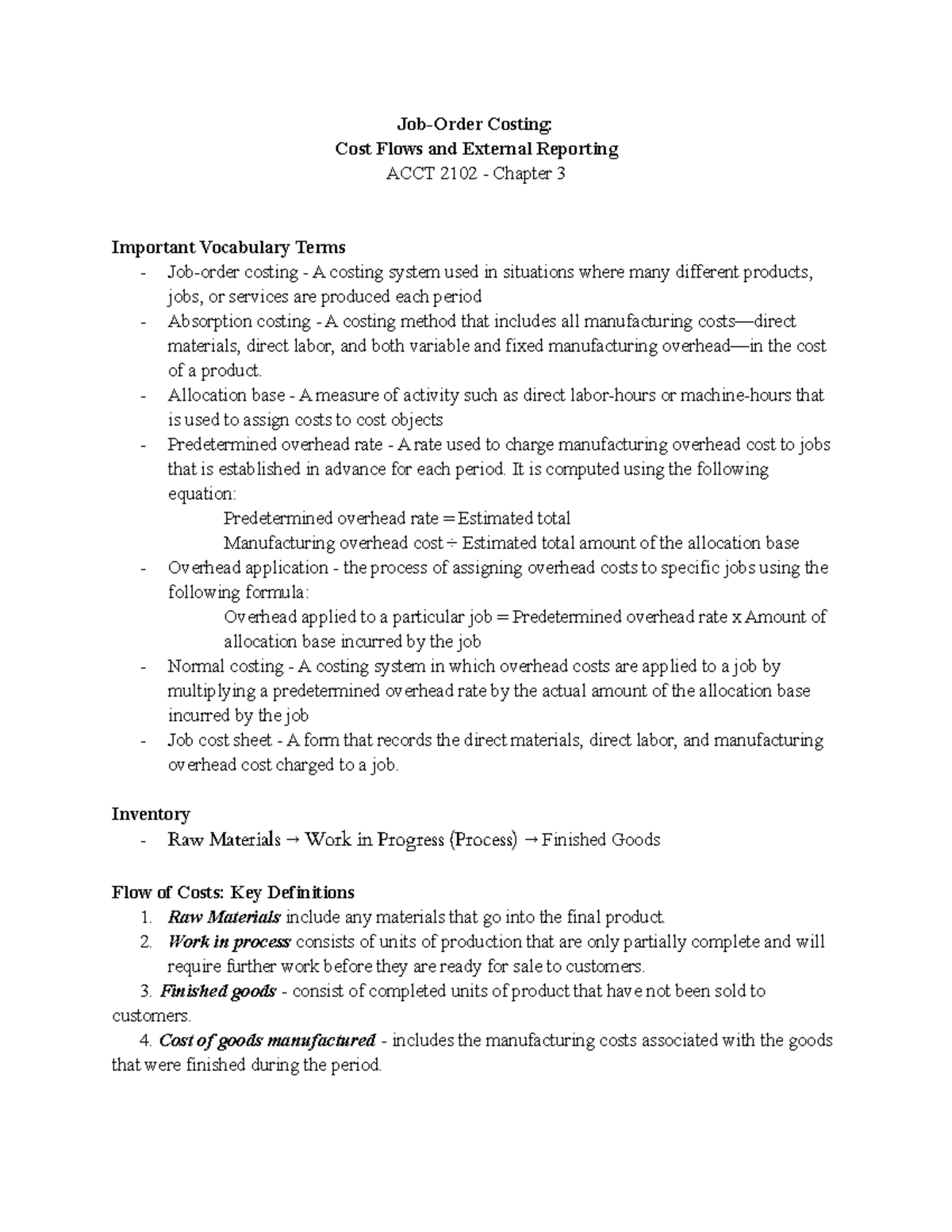 ACCT 2102 Chap 3 Day 1 - Lecture Notes - Job-Order Costing: Cost Flows ...