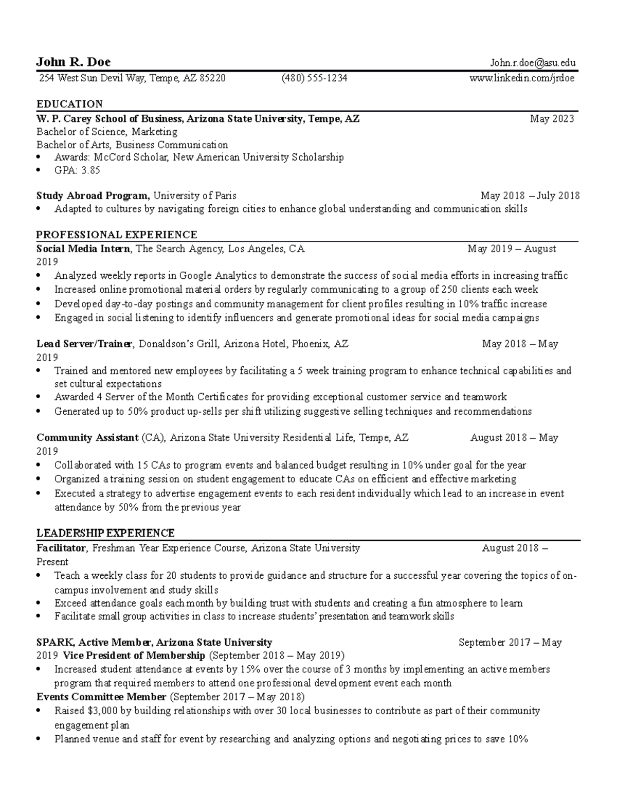 248 Resume rubric John R. Doe John.rasu 254 West Sun Devil Way