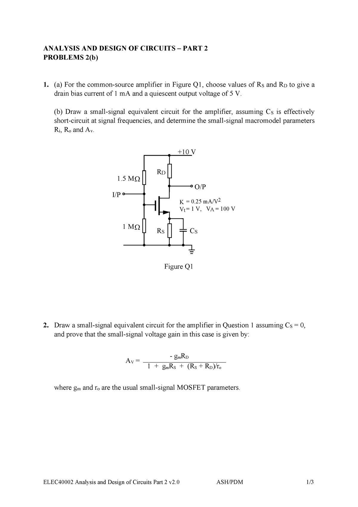 Problem Sheet 2b - Analysis Design Circuit - ELEC40002 Analysis And ...