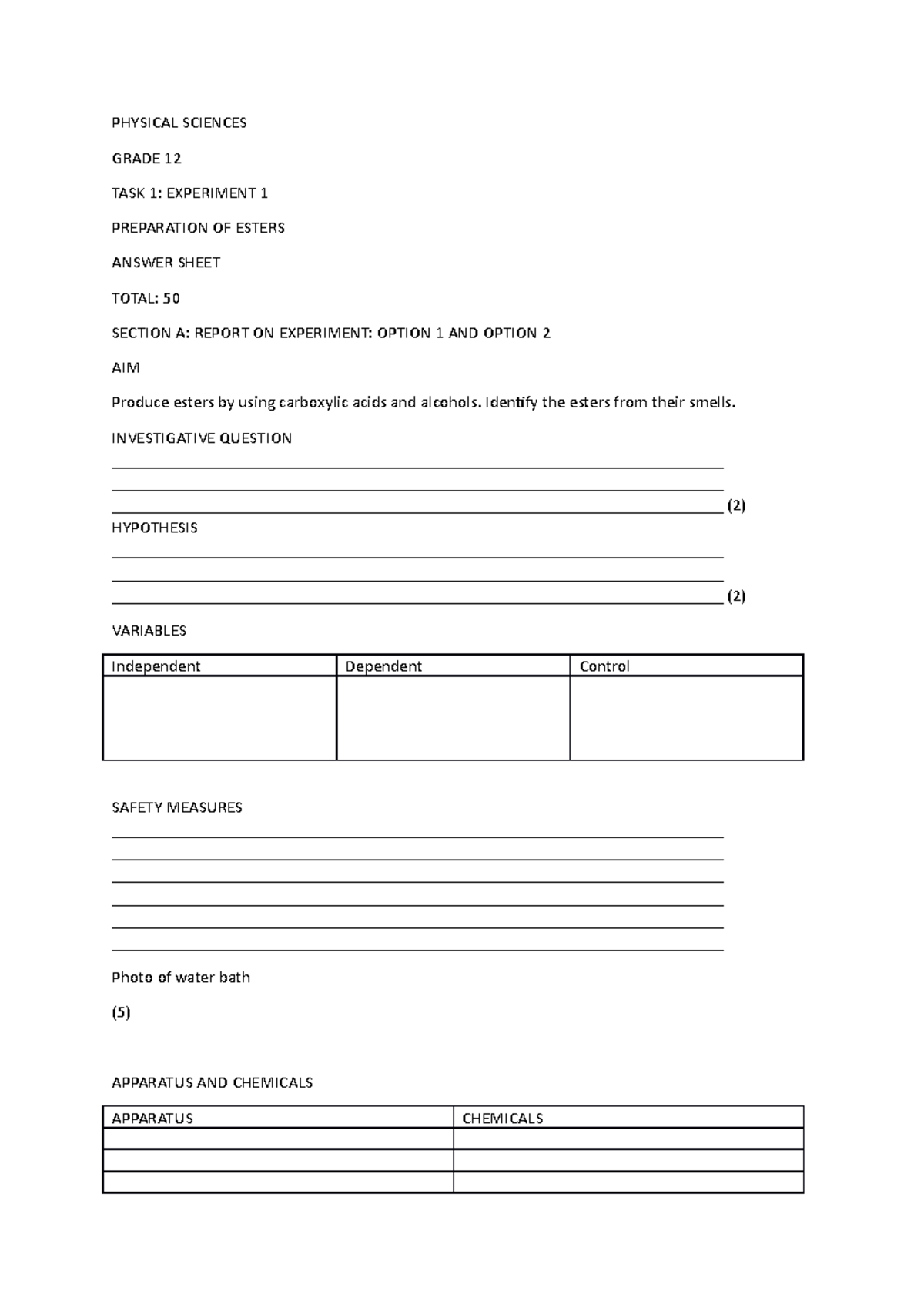 Physical Science Task 1 Anser sheet - PHYSICAL SCIENCES GRADE 12 TASK 1 ...