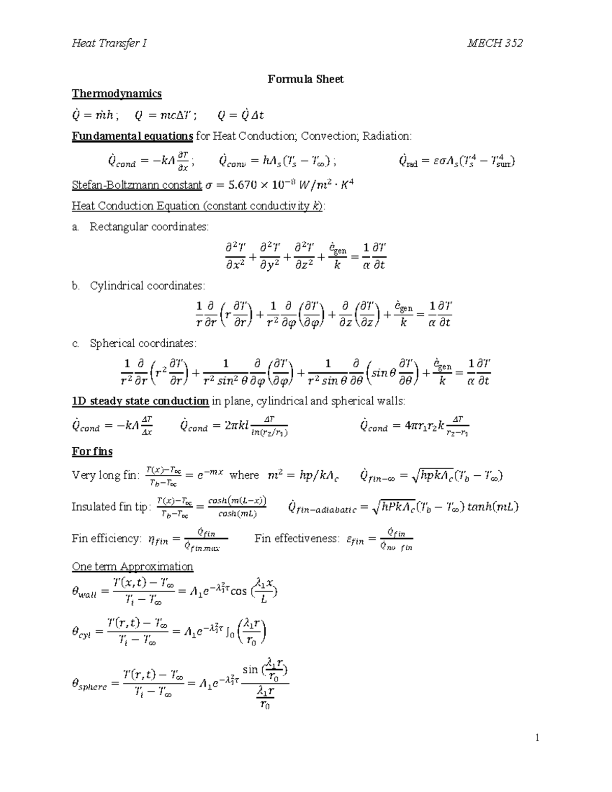 Formula Sheet V 2 - Heat Transfer I MECH 352 1 Formula Sheet ...