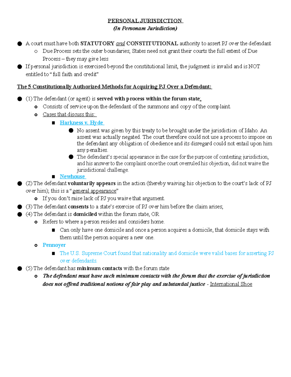 Civ Pro Outline - Civil Procedure Notes - PERSONAL JURISDICTION (In ...