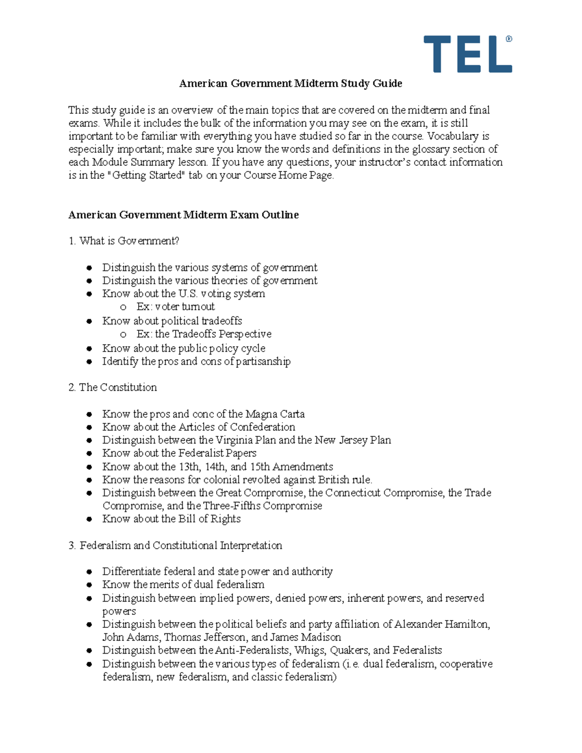 American Government Midterm Exam Study Guide - American Government ...