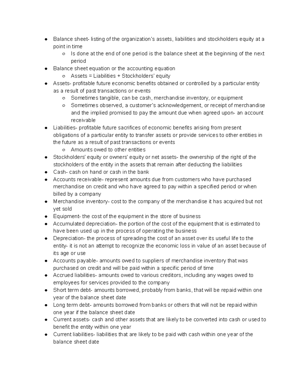 ACCY 200 unit 1 class notes - Balance sheet- listing of the ...