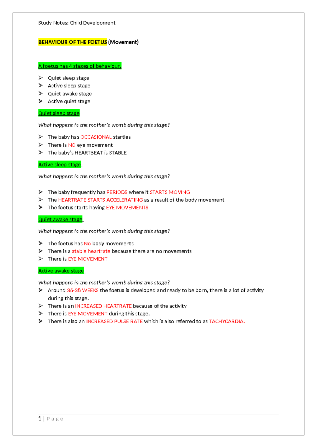 Child Development - Study Notes LU1-4 - BEHAVIOUR OF THE FOETUS ...