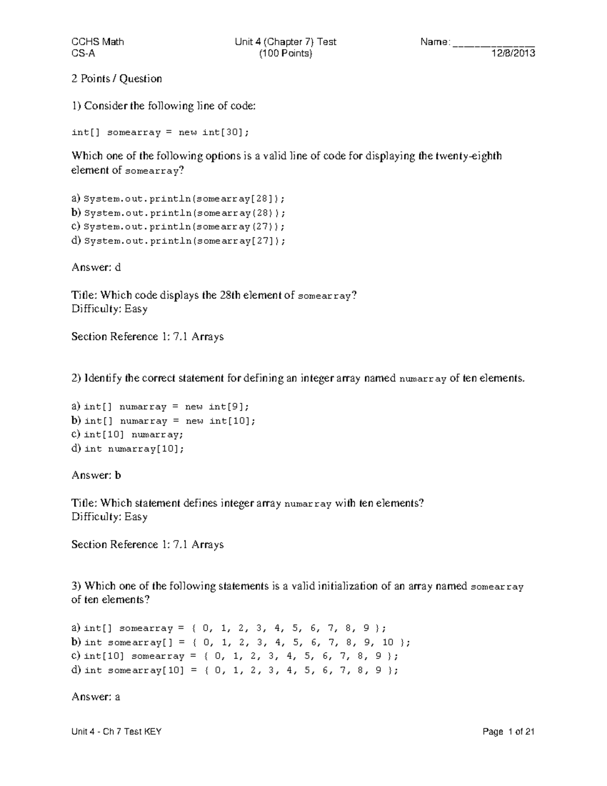 Unit 4 - Ch 7 Test KEY - CS-A (100 Points) 12/8/ 2 Points / Question ...