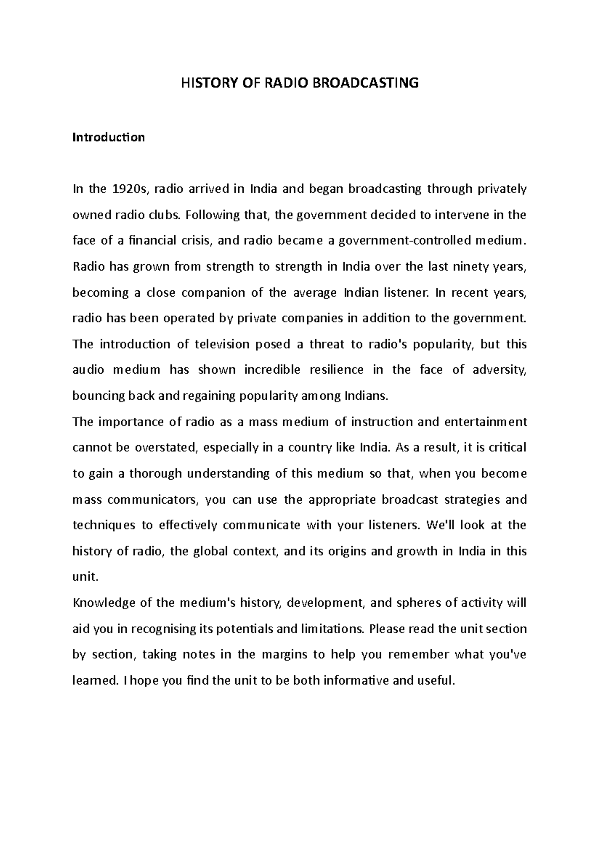 History OF Radio Broadcasting HISTORY OF RADIO BROADCASTING