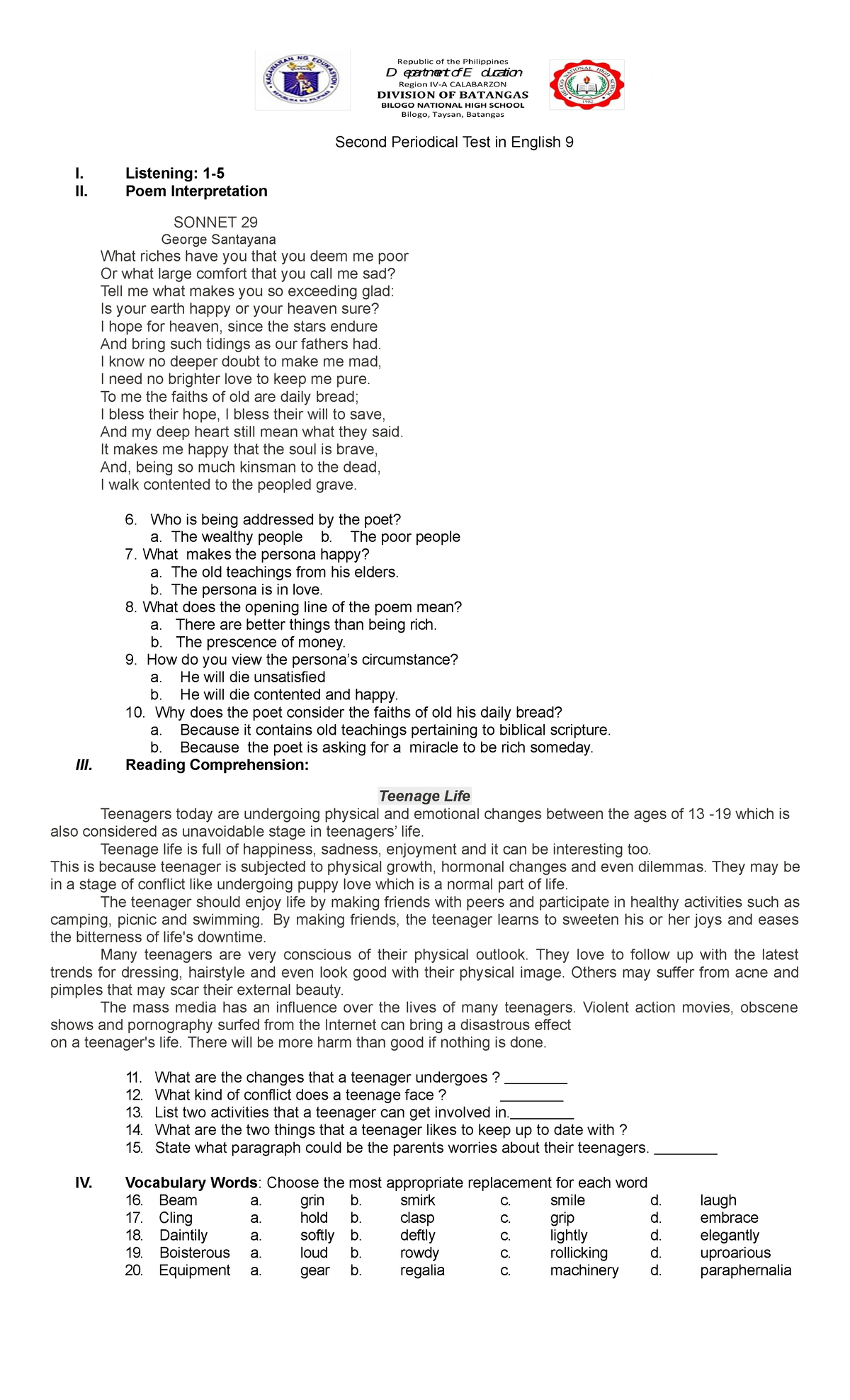 Second Periodical Test In English 9docx - Second Periodical Test In ...