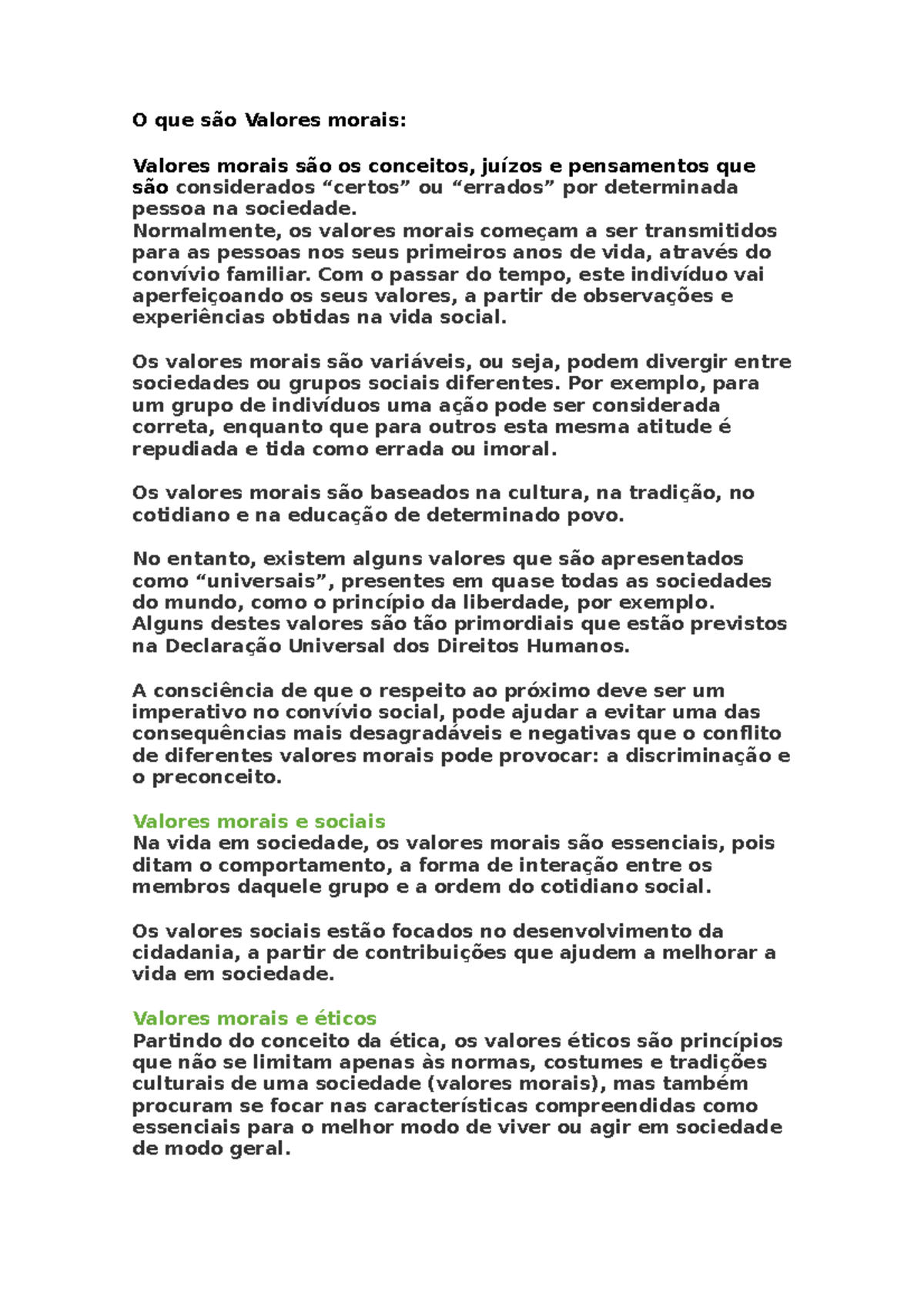 O que são Valores morais - O que são Valores morais: Valores morais são ...