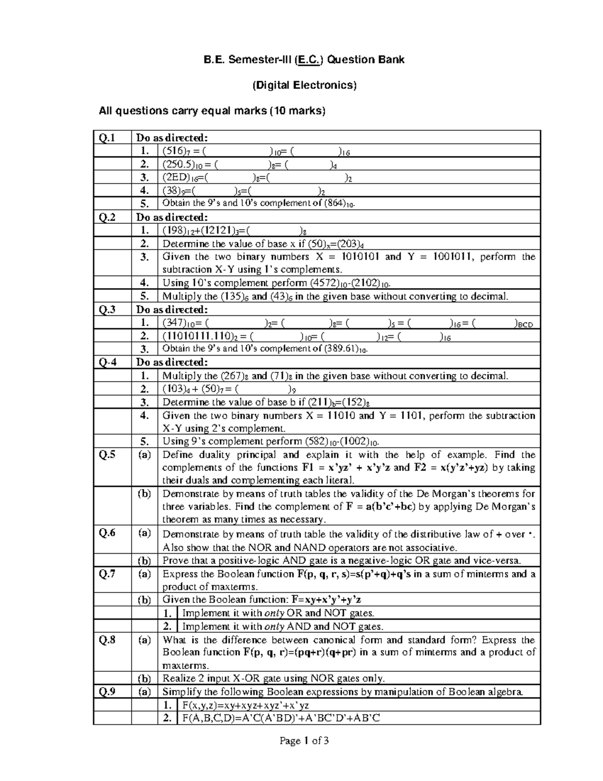 Digital Electronics - Page 1 Of 3 B. Semester-III (E.) Question Bank ...