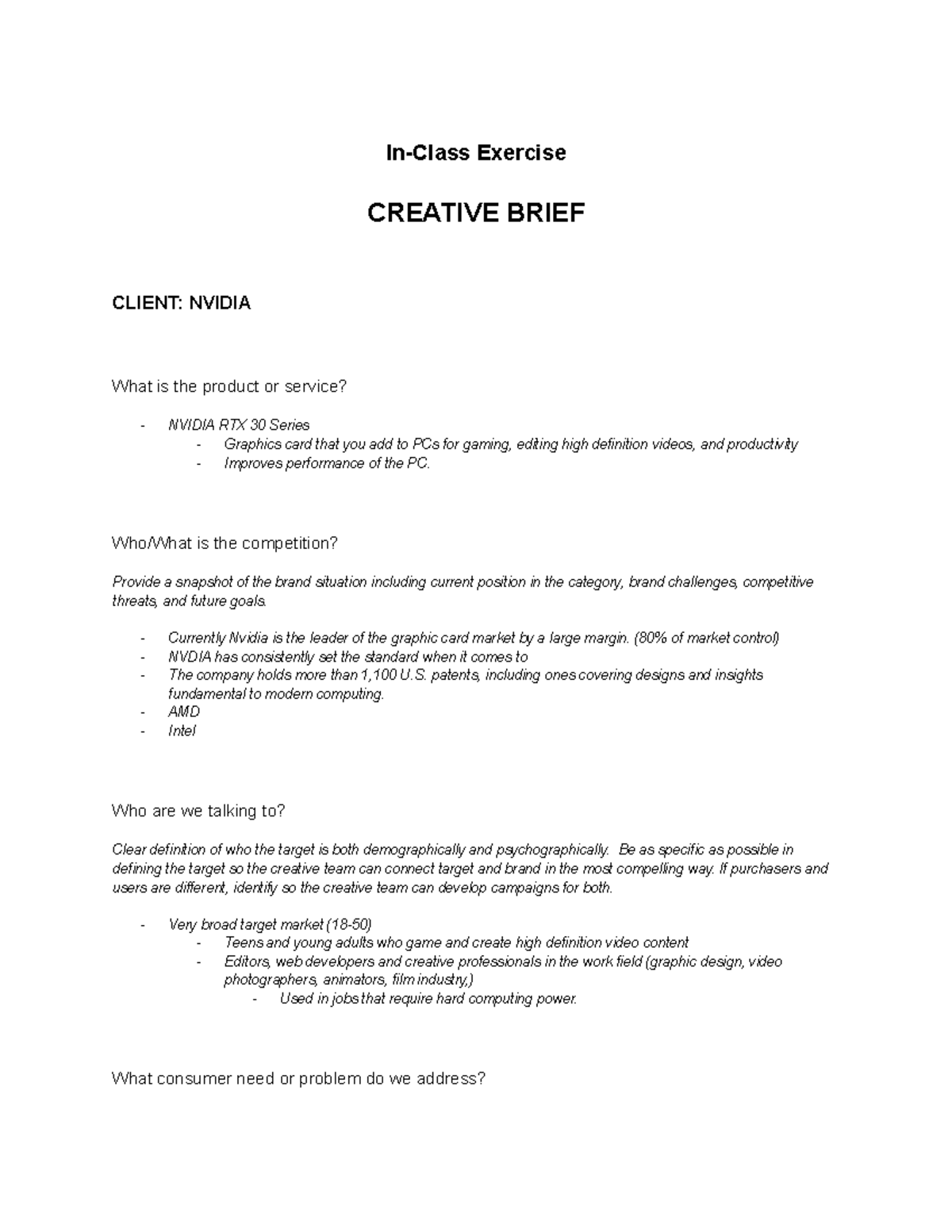 Creative Brief - In-Class Exercise CREATIVE BRIEF CLIENT: NVIDIA What ...