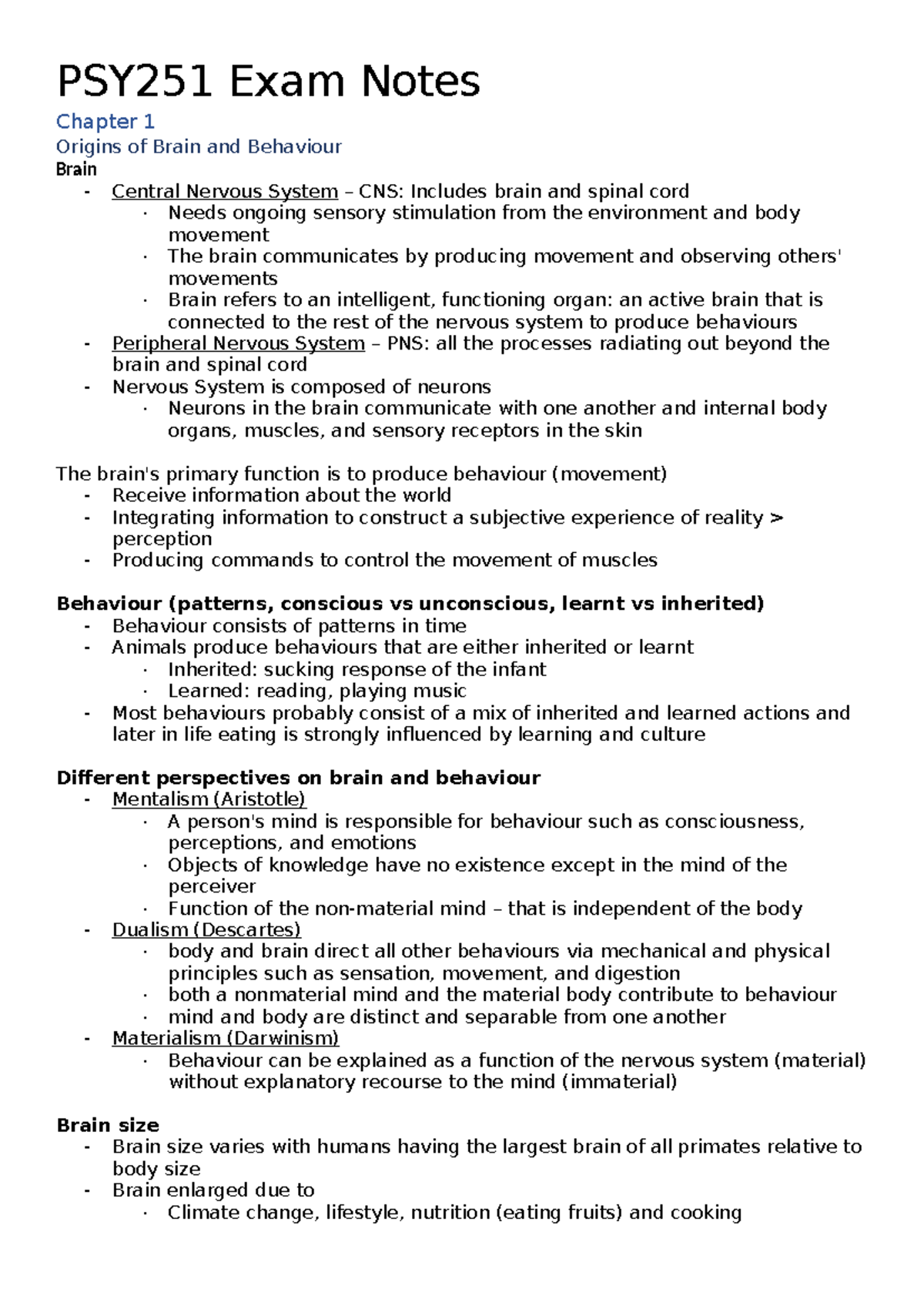 251 exam notes - PSY251 Exam Notes Chapter 1 Origins of Brain and ...