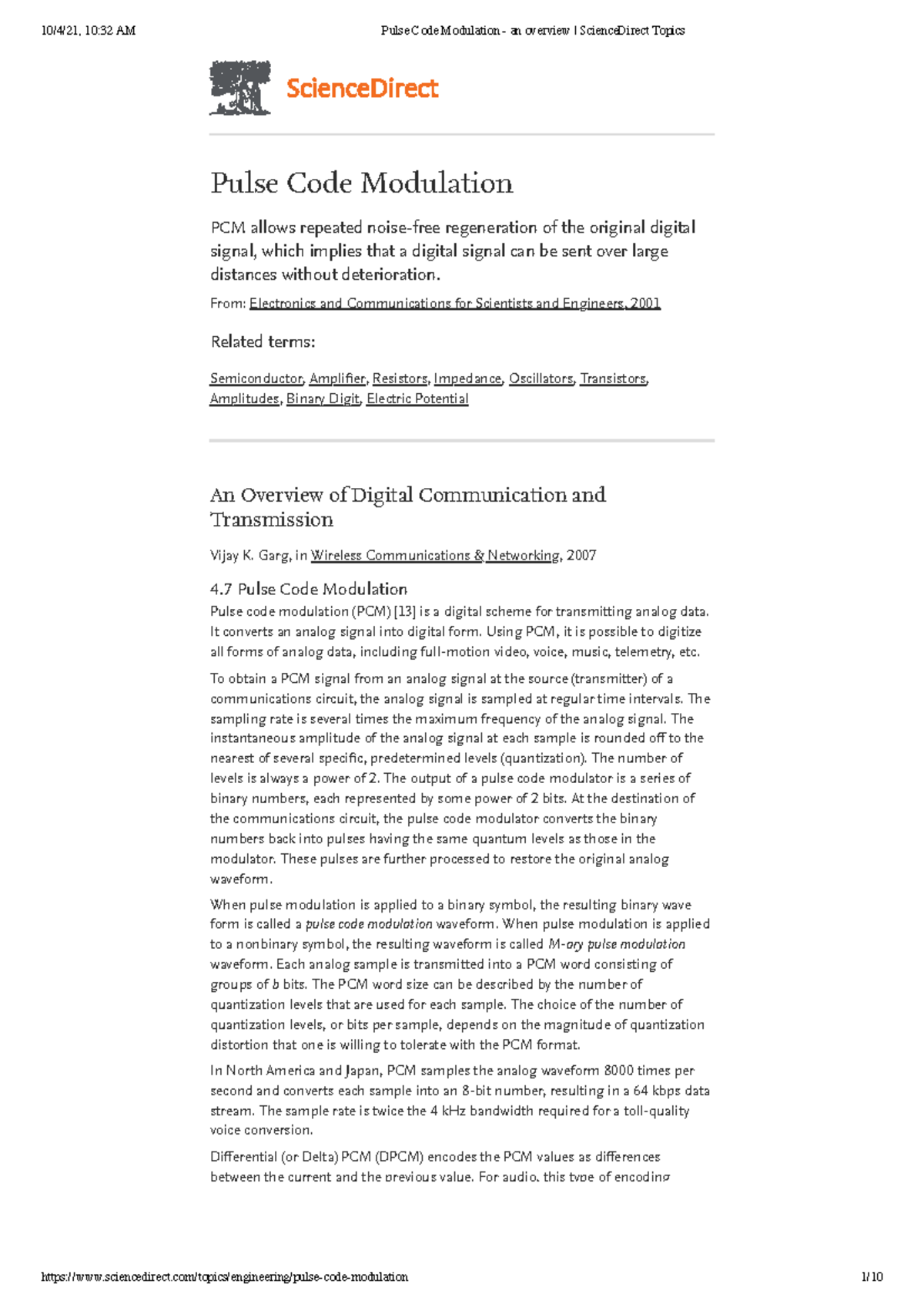 Pulse Code Modulation From Electronics and Communications for
