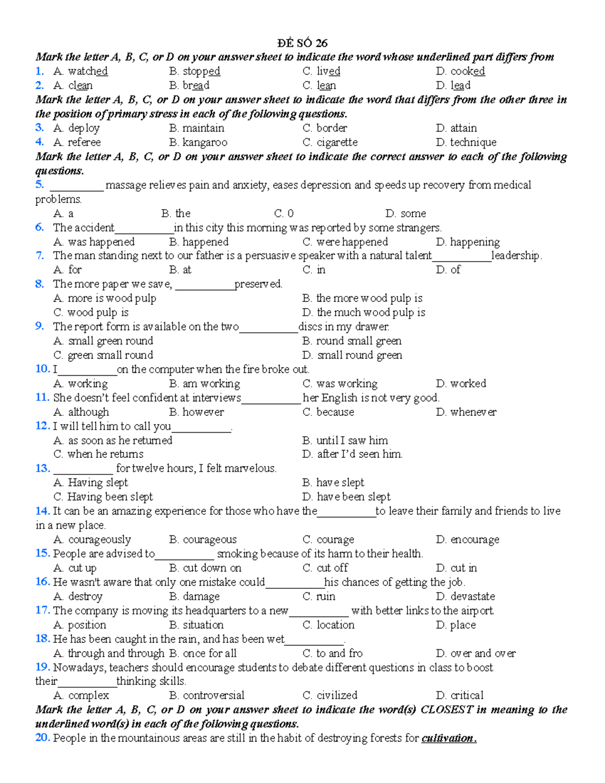 ĐỀ SỐ 26 - Đề đh đí - ĐỀ SỐ 26 Mark the letter A, B, C, or D on your ...